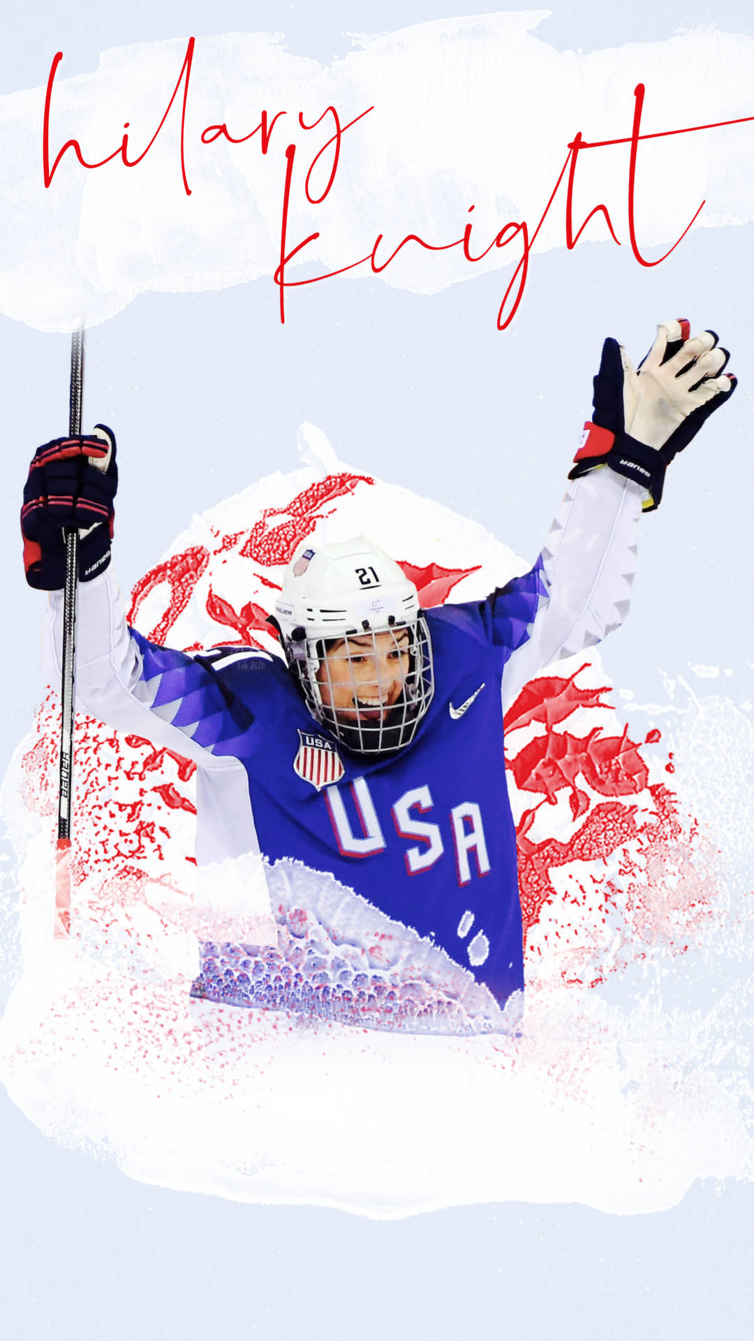 美國運動員 Hilary Knight 海報藝術 壁紙 — 一名身穿美國球衣的冰球運動員在動態的紅色和白色油漆飛濺中高舉雙臂，歡欣鼓舞地慶祝勝利。