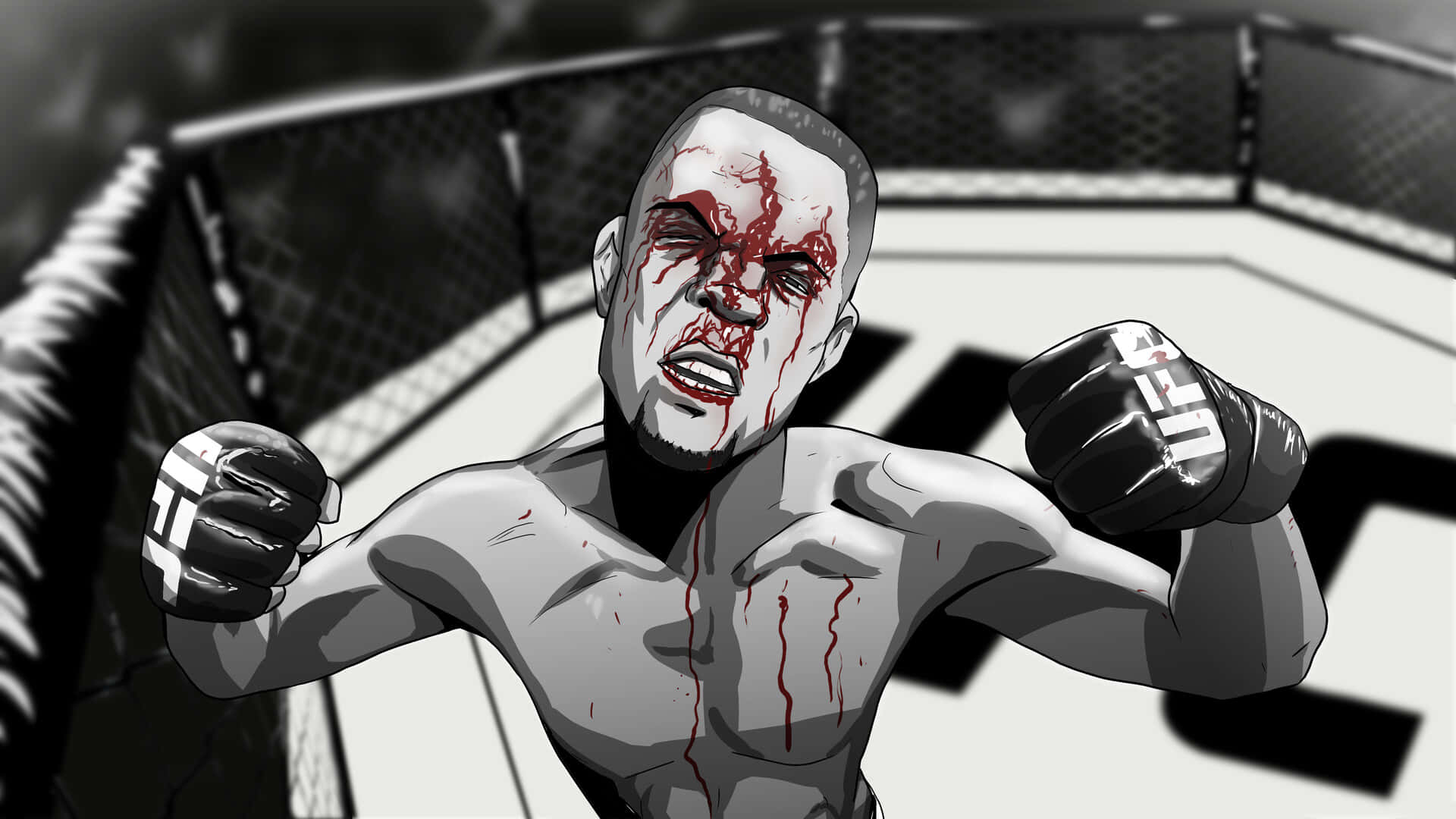 一名血跡斑斑的MMA拳手在八角籠內慶祝勝利。