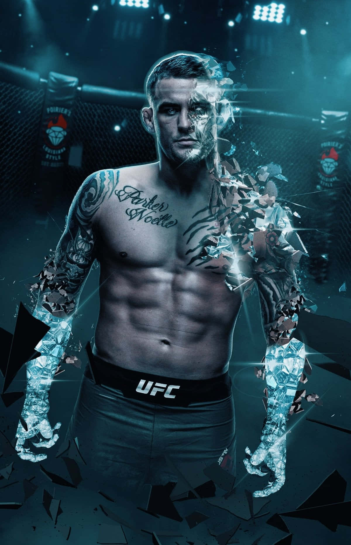 有紋身的UFC拳手在籠內碎裂成藍色碎片。