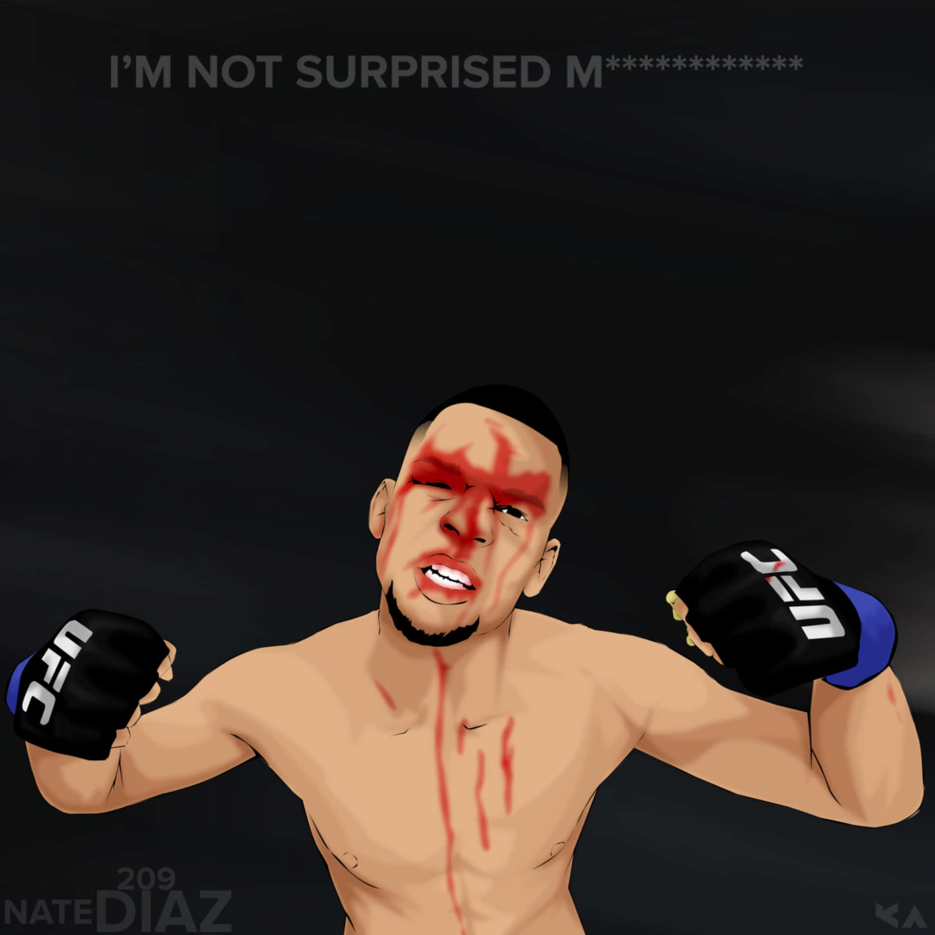 一個血跡斑斑的MMA拳手，戴著UFC手套，在昏暗背景下擺姿勢。
