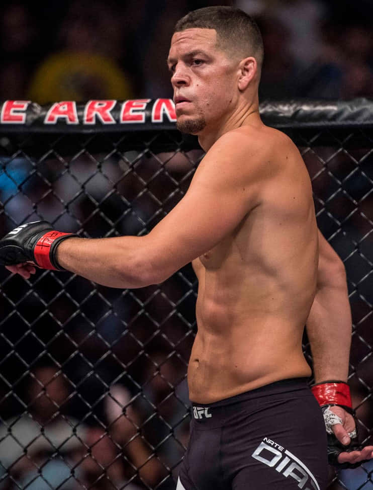 一位赤裸上身的MMA拳手穿著黑色短褲和紅色手套站在八角籠內。
