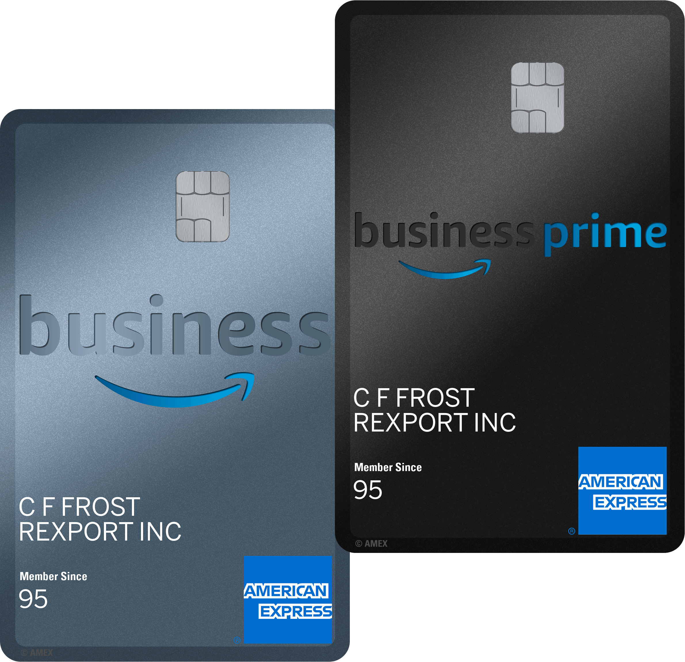 美國運通商業信用卡 壁紙 — 兩張Amazon Business Prime American Express卡，一張銀色一張黑色，均顯示自95年起成為會員