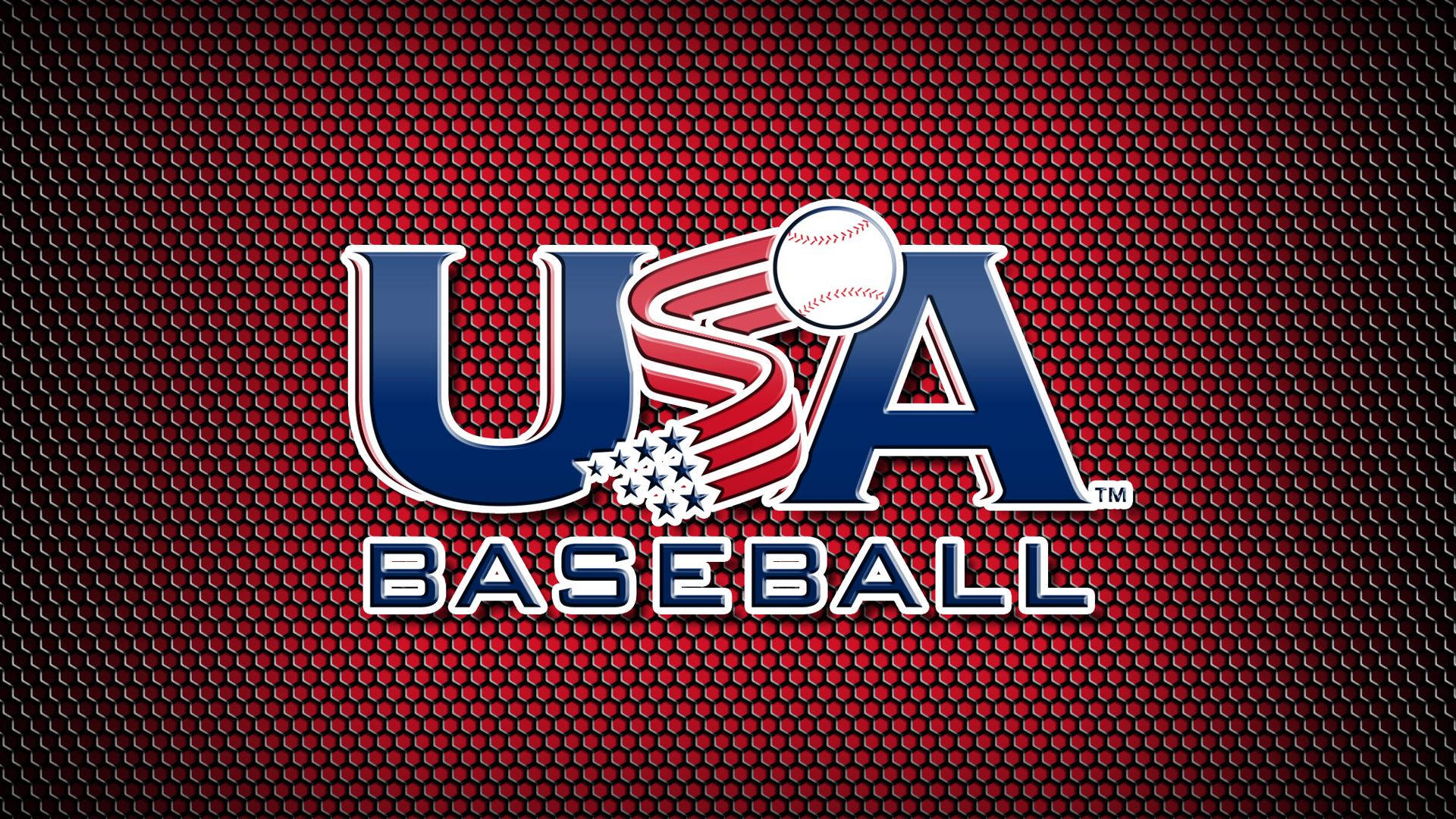 美國隊棒球海報紅點背景 壁紙 — USA Baseball 標誌，採用紅、白、藍愛國設計，置於紋理紅背景上。