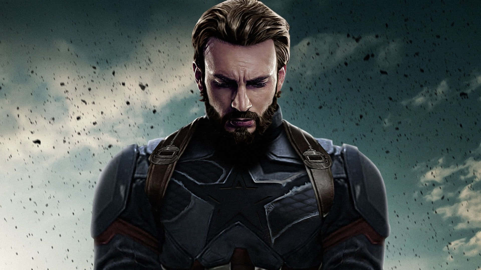 Captain America 穿著戰術服，背景是暴風雨天空和碎片