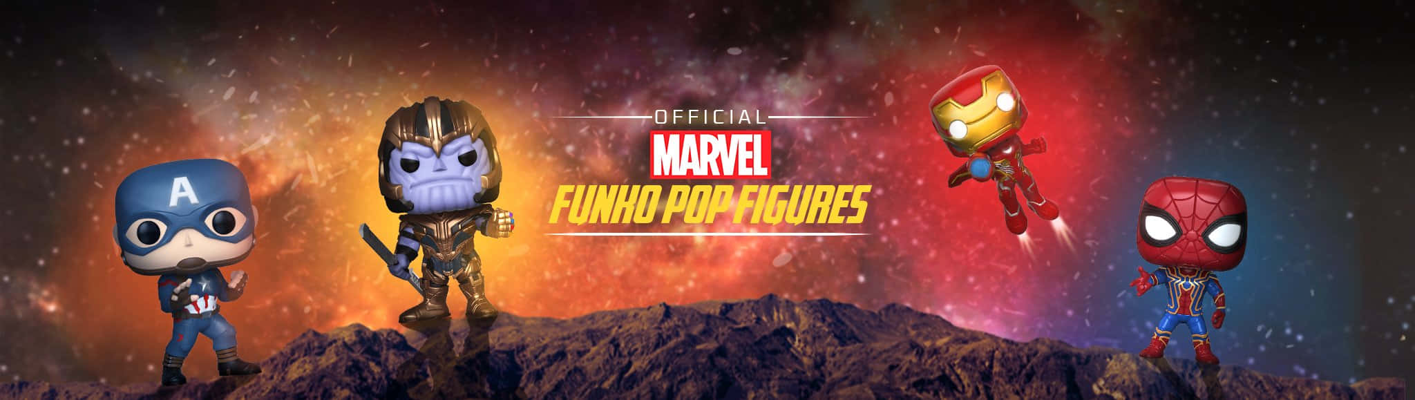 Iron Man Pop Figures 桌布 壁紙 — 美國隊長、薩諾斯、鋼鐵人和蜘蛛俠的Funko Pop人偶站在岩石行星上，背景是宇宙星雲。