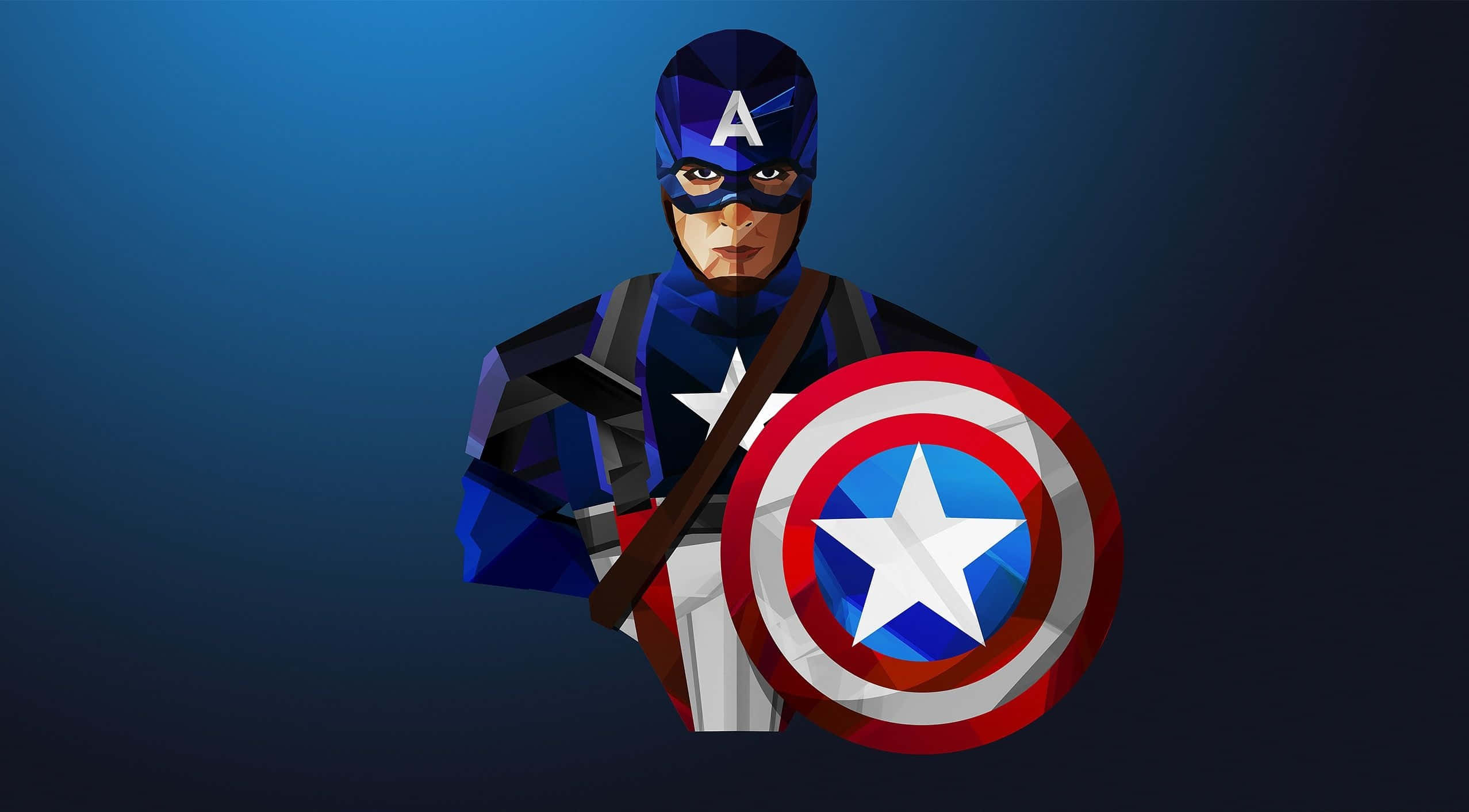 Best Captain America 桌布 壁紙 — 美國隊長以低多邊形風格站立，手持標誌性盾牌，背景為漸變藍色。