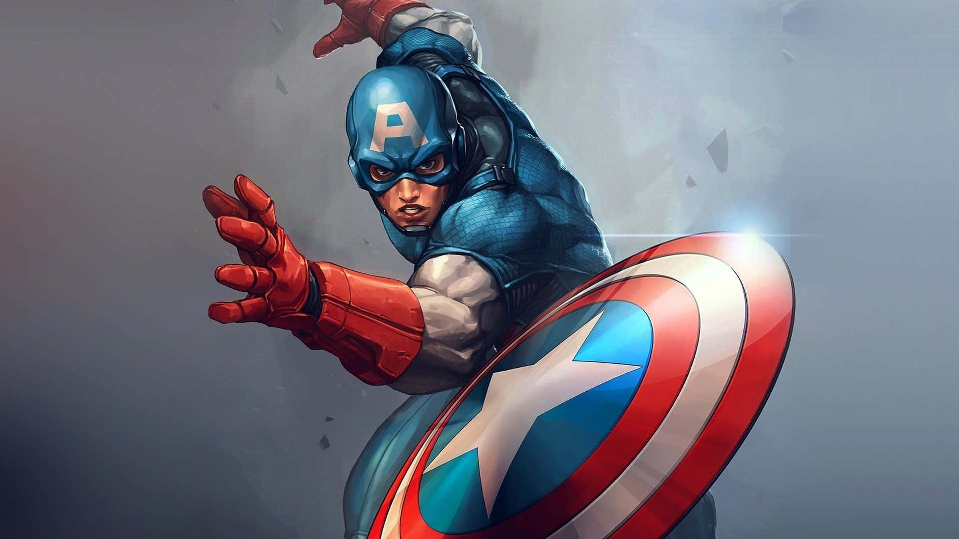 Best Captain America 桌布 壁紙 — 美國隊長以動態姿勢揮舞其標誌性盾牌，背景為煙霧瀰漫的灰色。