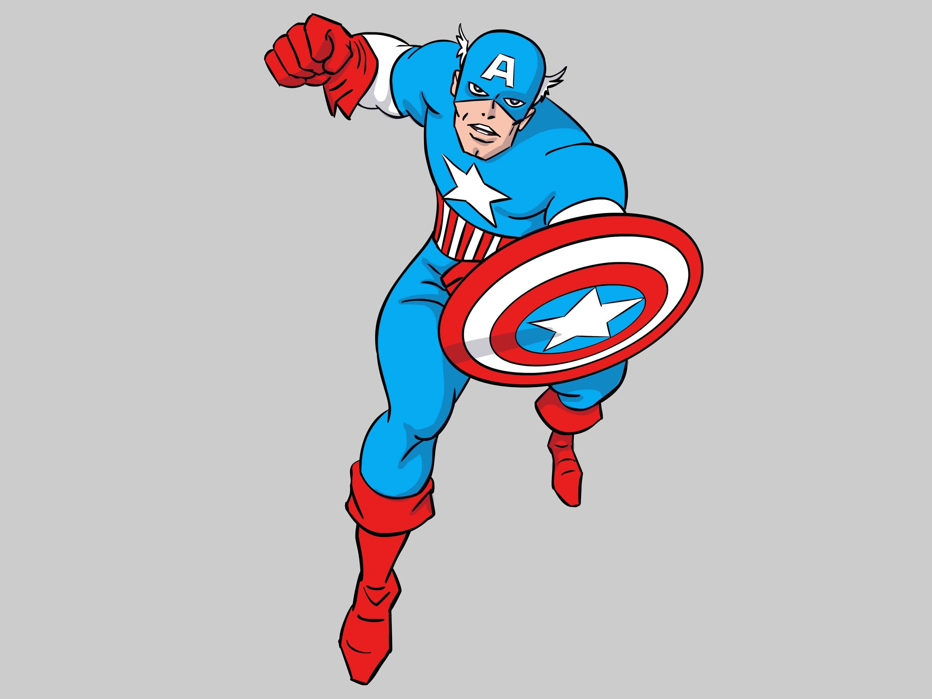 Earth's Mightiest Heroes 桌布 壁紙 — 美國隊長以經典漫畫風格，在純灰色背景上舉起盾牌向前躍進。