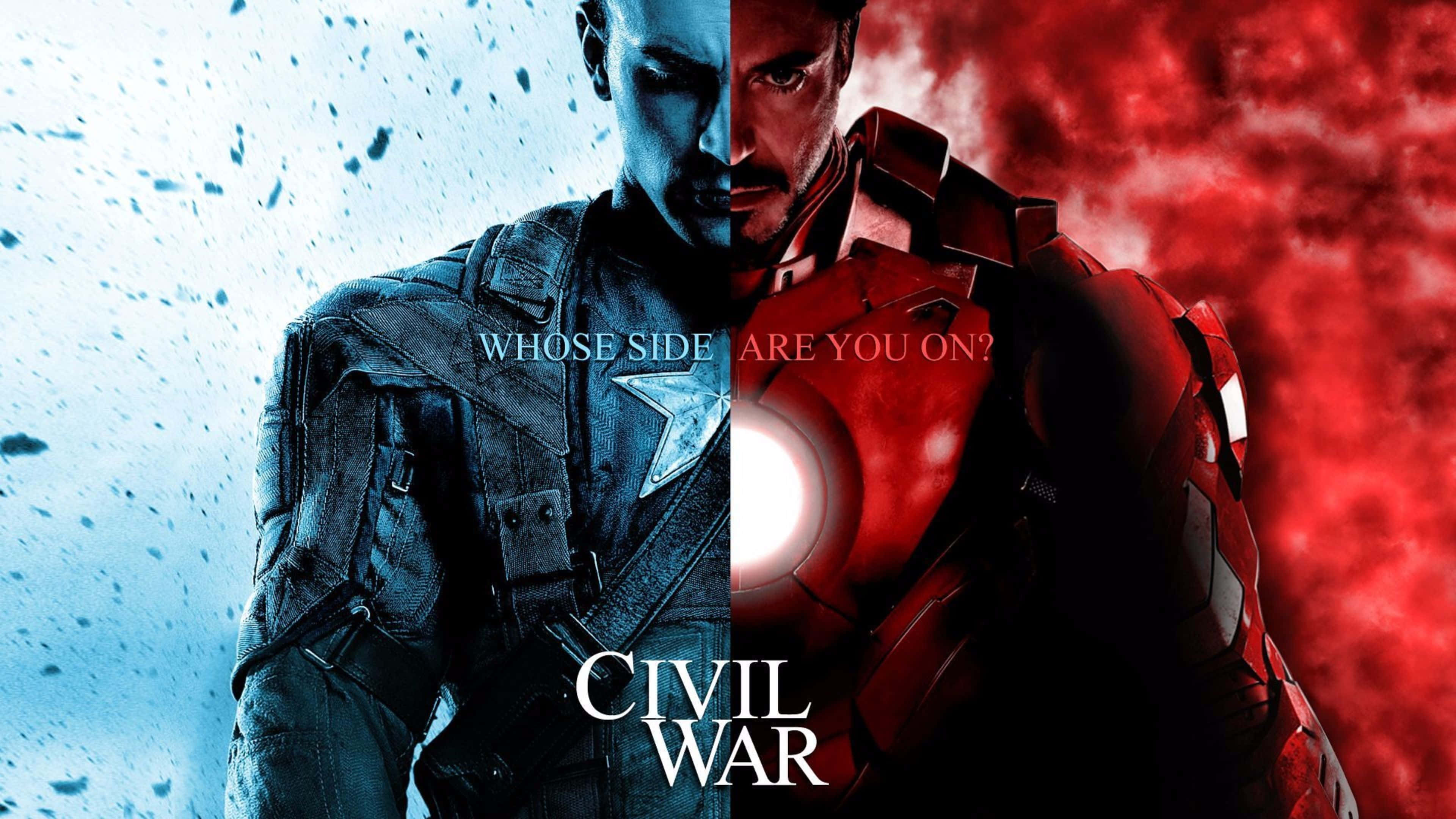 Best Captain America 桌布 壁紙 — 美國隊長和鋼鐵人在《美國隊長3：英雄內戰》的分屏戰鬥場景中對峙，背景為藍色和紅色。