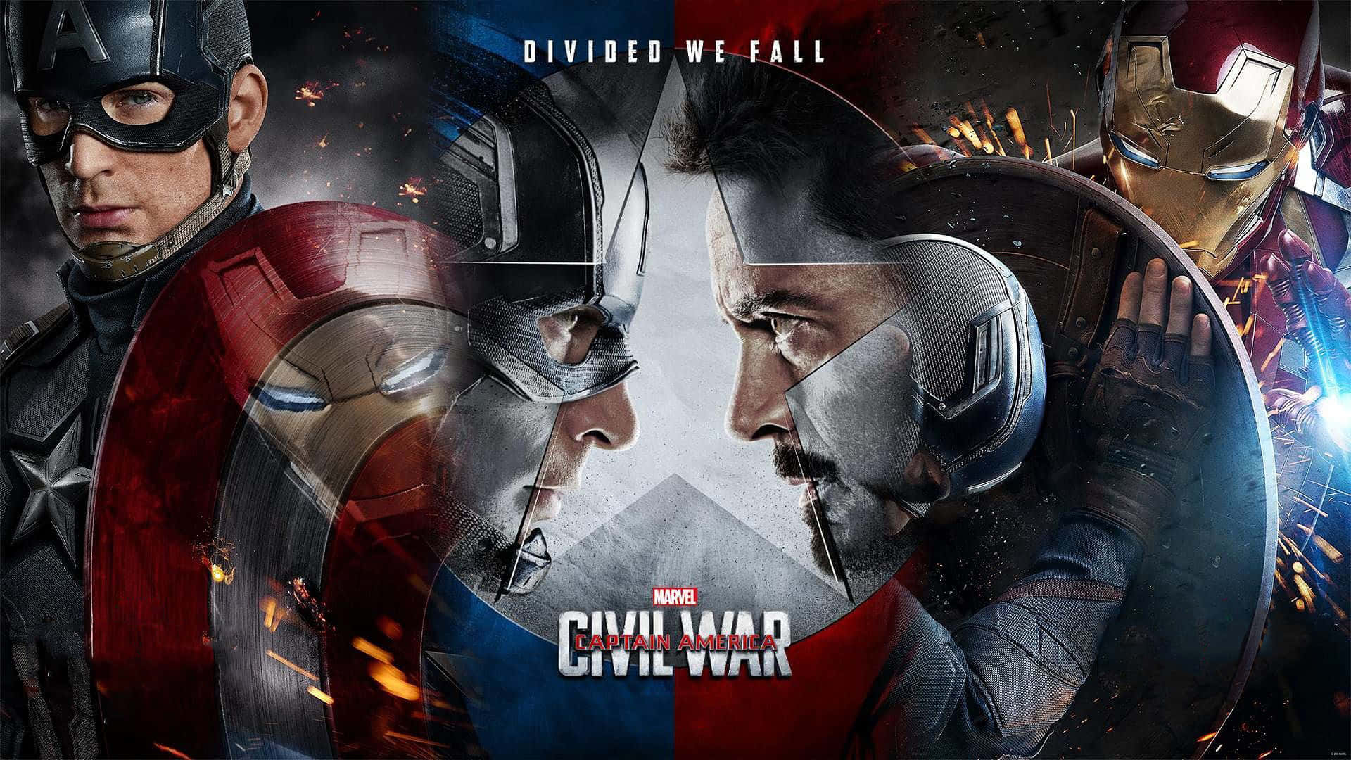 Superhero Movies 桌布 壁紙 — 美國隊長和鋼鐵人在《美國隊長3：英雄內戰》中戲劇性的分割畫面戰鬥場景中對峙，火花四濺。