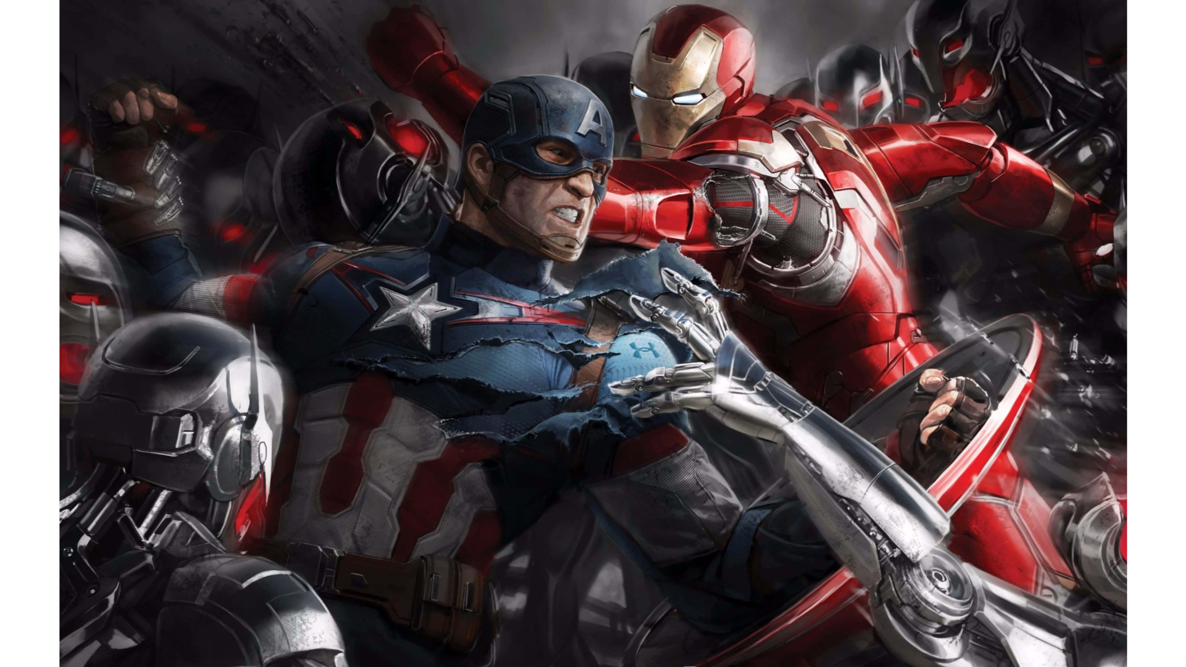 Best Captain America 桌布 壁紙 — 美國隊長和鋼鐵人在黑暗粗糙的戰鬥場景中與多個裝甲敵人激烈衝突。