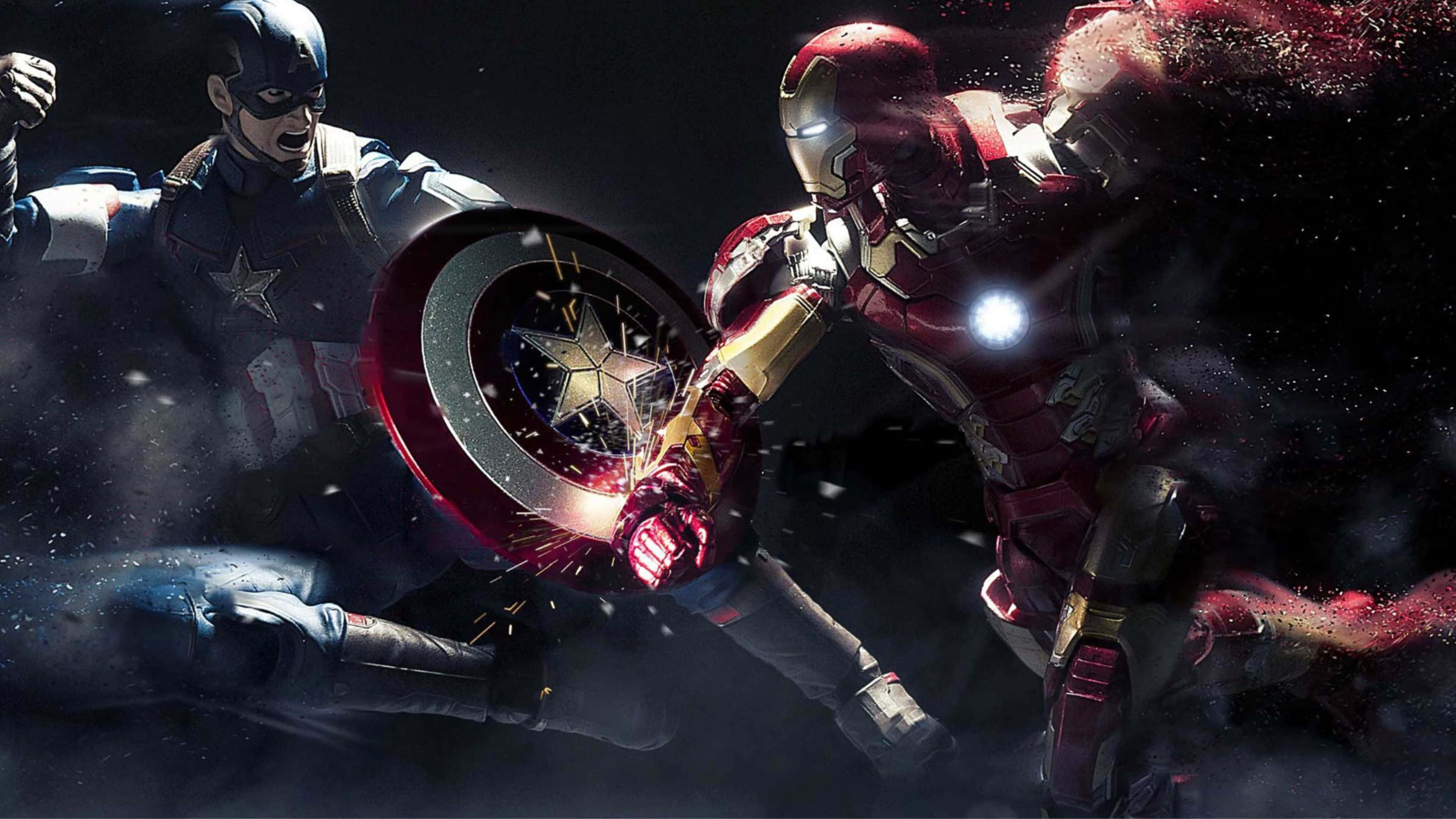 4K Captain America 桌布 壁紙 — 美國隊長和鐵甲奇俠在黑暗的宇宙背景下，武器擦出火花，展開了一場激烈的戰鬥。