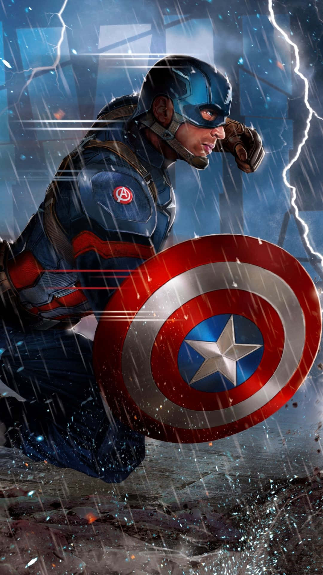 Best Captain America 桌布 壁紙 — 美國隊長在暴風雨中蹲下，手持盾牌，身後有閃電劃過。