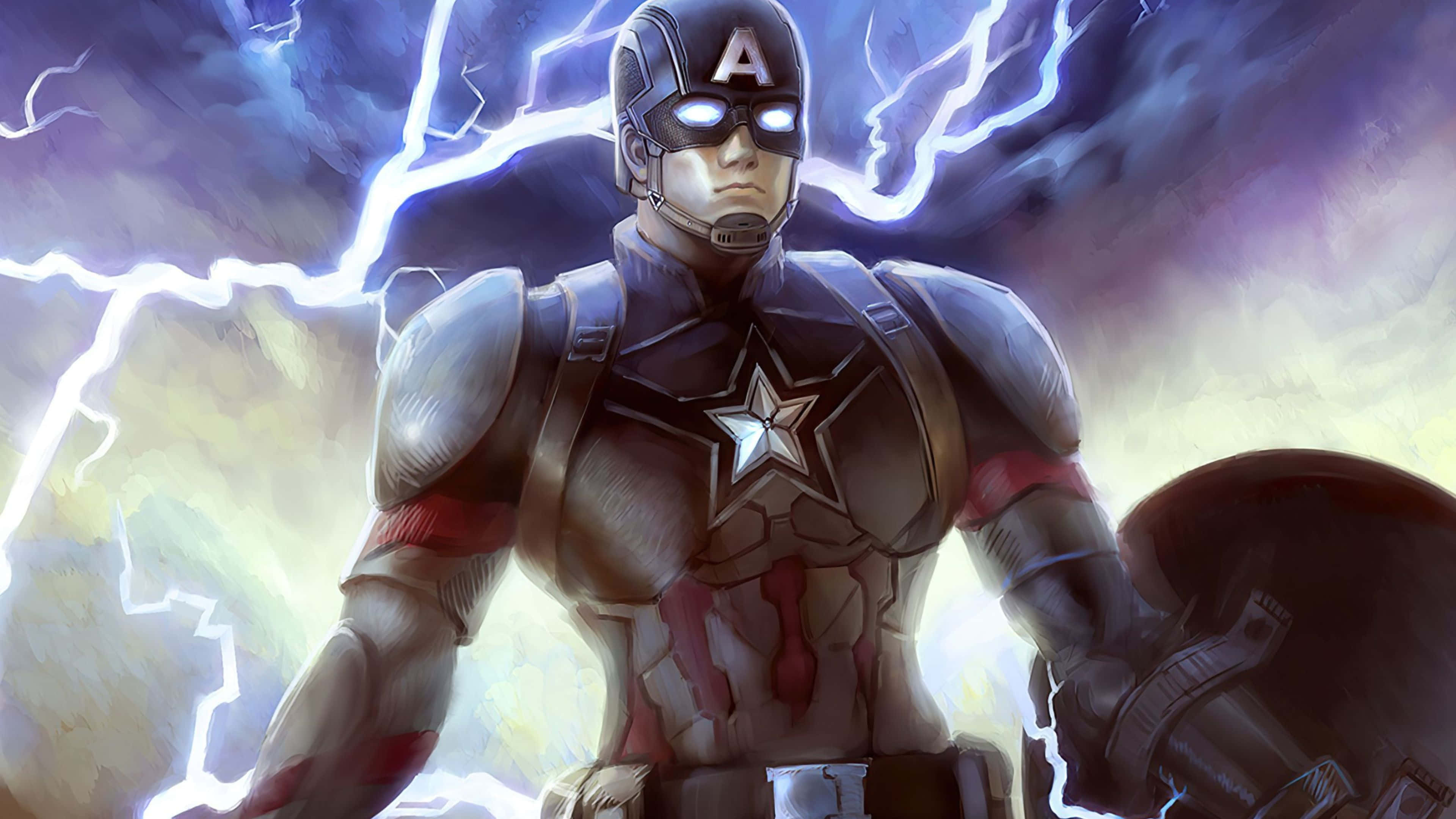 4K Captain America 桌布 壁紙 — 美國隊長在暴風雨的天空下英勇站立，噼啪作響的閃電照亮了他那鑲有星星的戰衣。