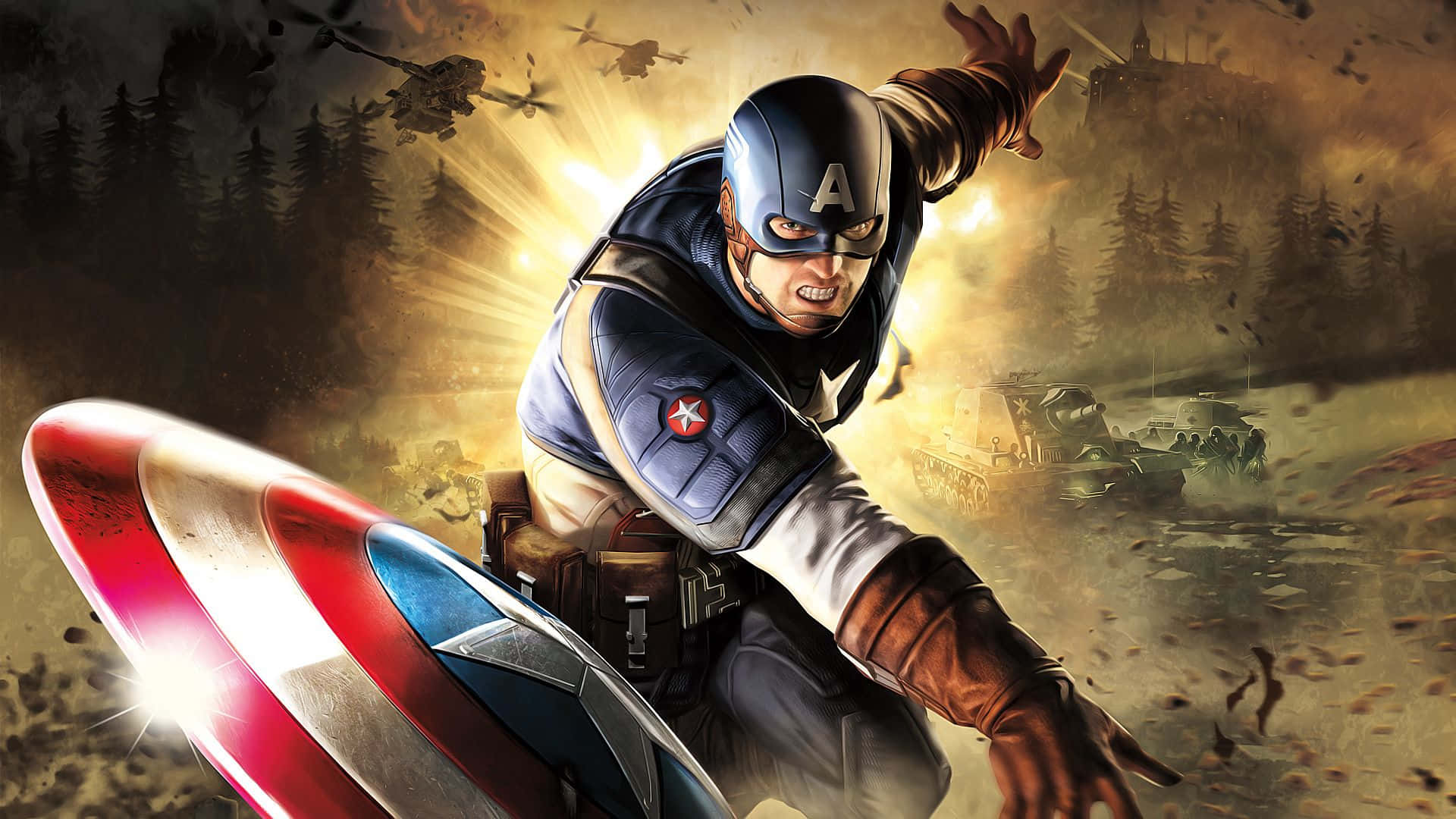 Best Captain America 桌布 壁紙 — 美國隊長帶著發光的盾牌，在坦克和直升機的戰場上衝鋒。