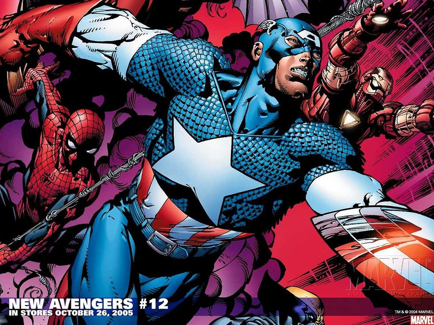 New Avengers 桌布 壁紙 — 美國隊長帶領一個充滿活力的超級英雄團隊，在一個大膽的漫畫動作場景中，呈現鮮明的紅、藍、紫色調。