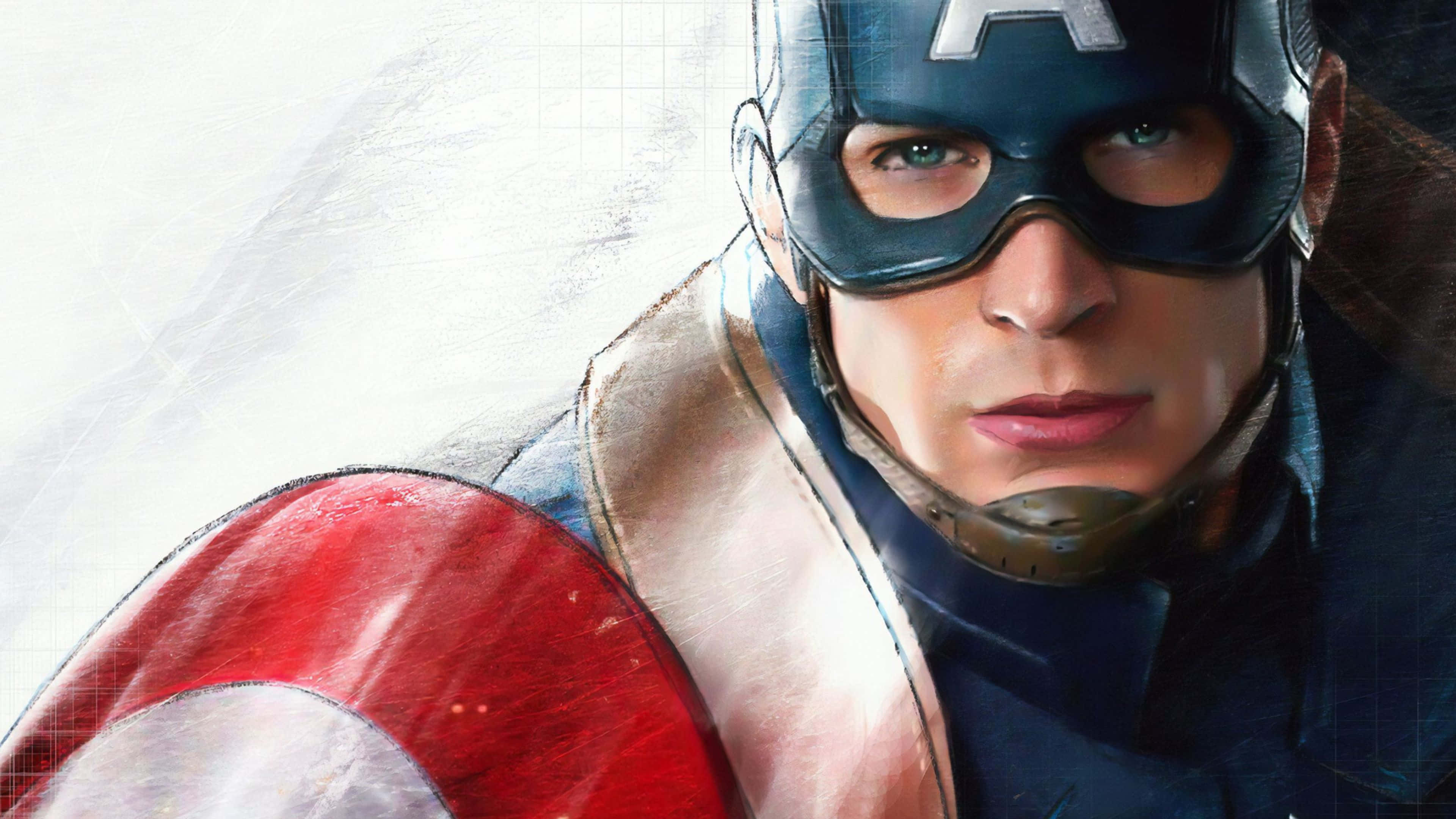 4K Captain America 桌布 壁紙 — 美國隊長手持標誌性盾牌，在明亮的白色背景下專注地向前凝視。