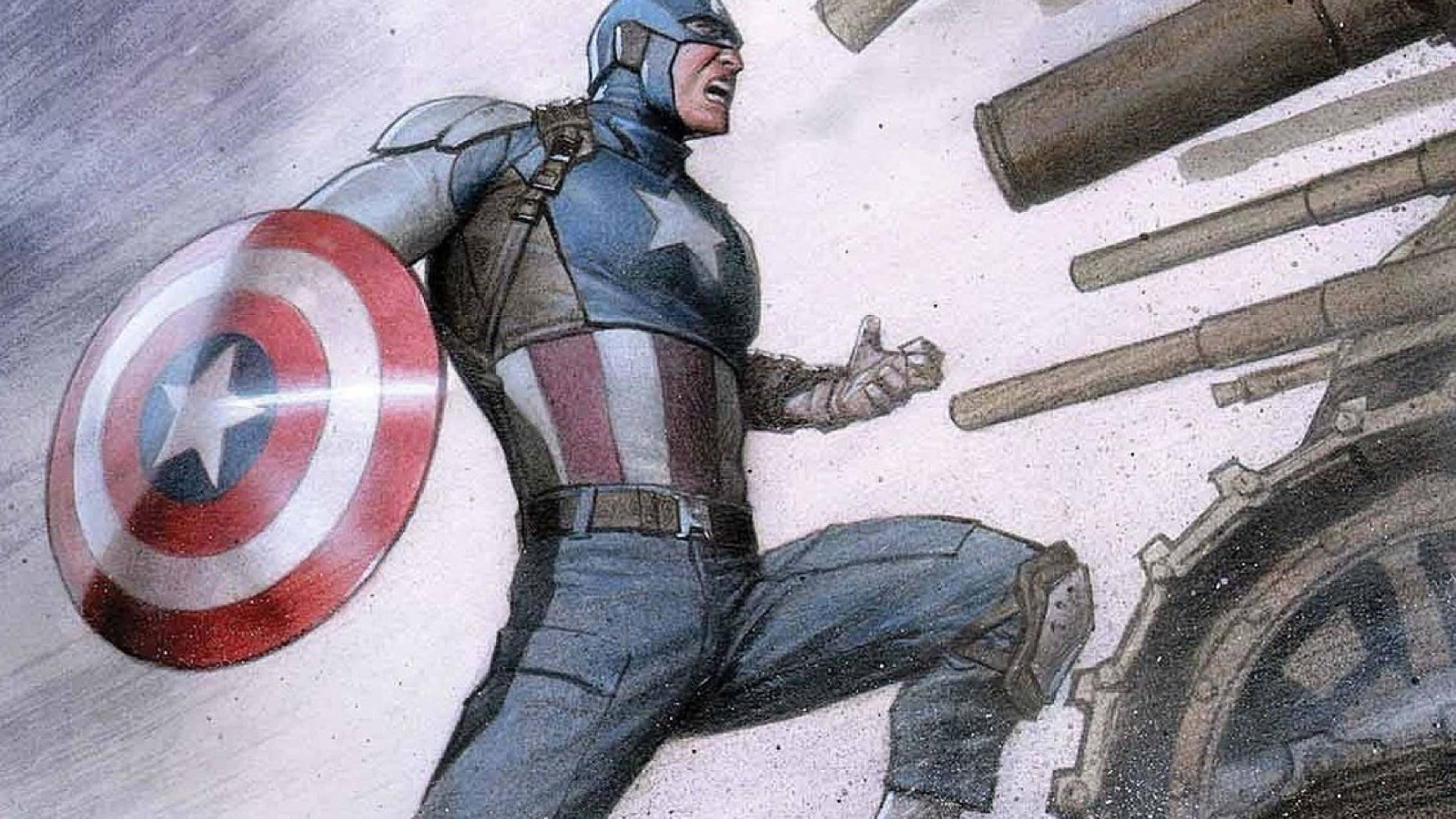 4K Captain America 桌布 壁紙 — 美國隊長手持標誌性盾牌向前衝鋒，周圍炮彈爆炸，呈現出動態的漫畫插圖。