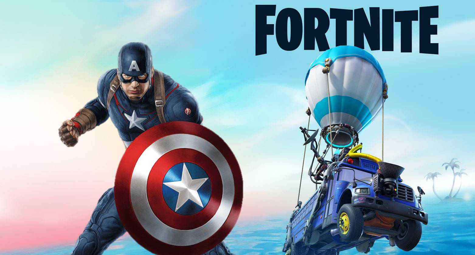 Fortnite 桌布 壁紙 — 美國隊長手持盾牌向前衝，一輛藍色貨車懸掛在熱氣球下，漂浮在熱帶水域上空。