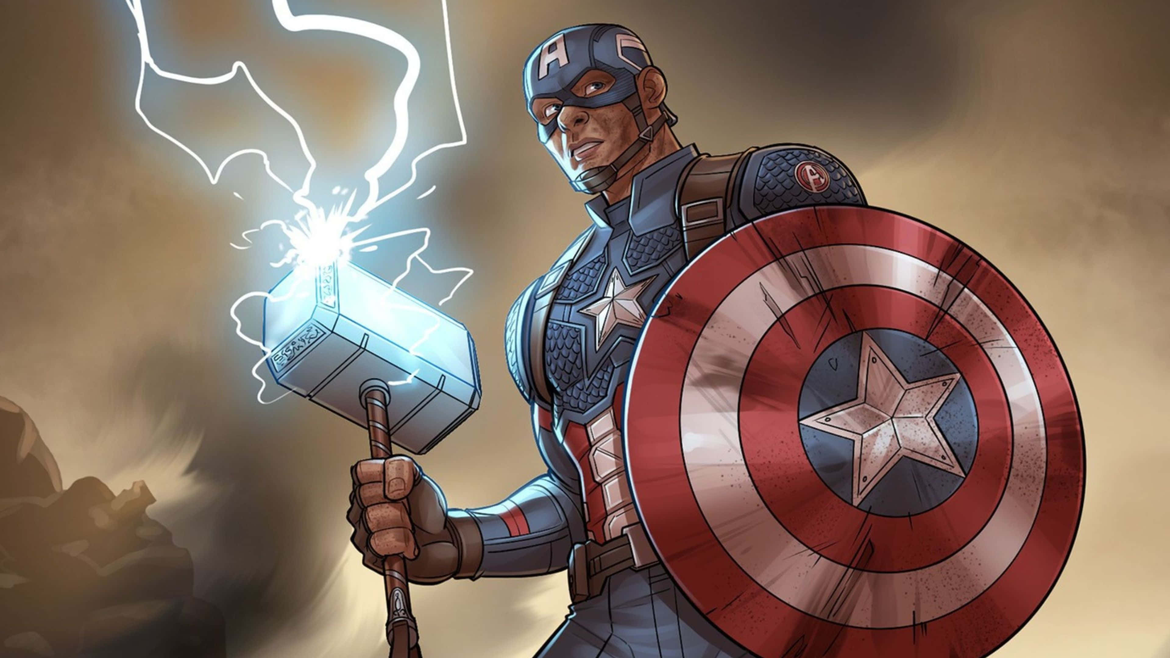 4K Captain America 桌布 壁紙 — 美國隊長揮舞著雷神之錘，在煙霧瀰漫的戰場背景下劈啪作響地閃電。