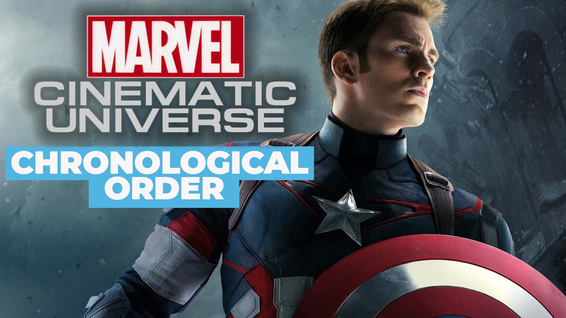 Mcu Phase Three 桌布 壁紙 — 美國隊長穿著標誌性的紅白藍戰衣，在黑暗粗糙的背景中手持盾牌，並帶有漫威電影宇宙文字疊加。