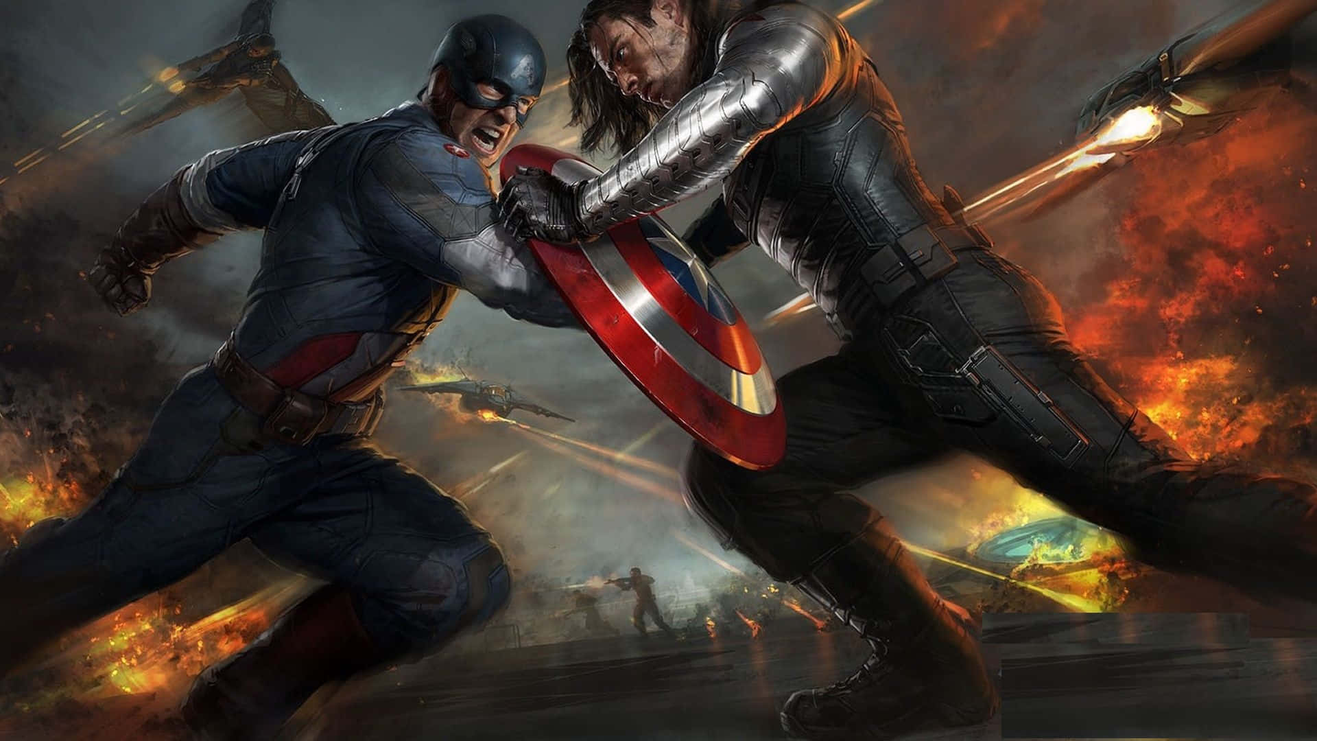 Best Captain America 桌布 壁紙 — 美國隊長與寒冬戰士在爆炸和飛機飛翔的火焰戰場上衝突。
