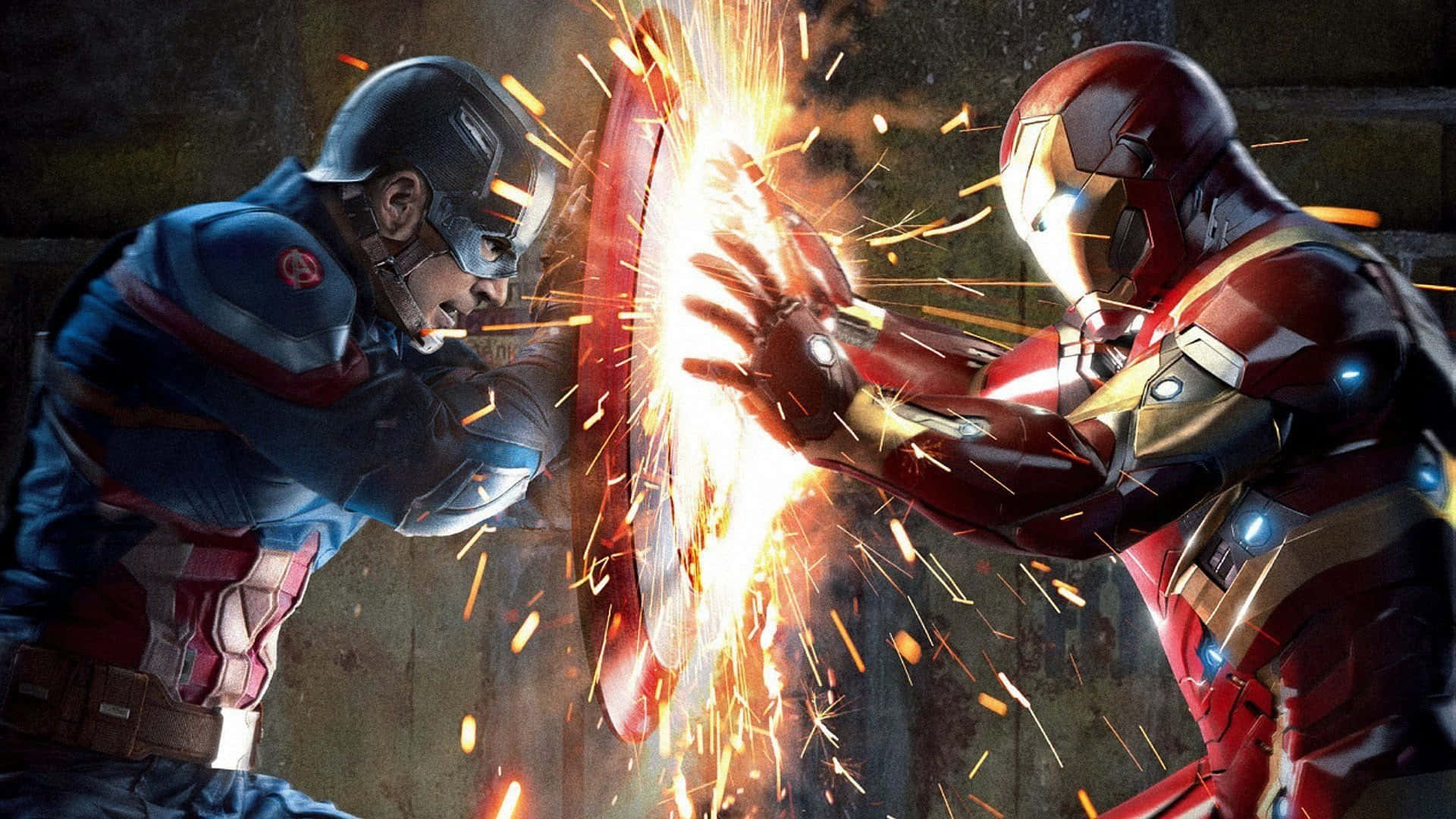 Best Captain America 桌布 壁紙 — 美國隊長與鐵甲奇俠在激烈的戰鬥中碰撞，火花從他們相撞的盾牌中飛濺。