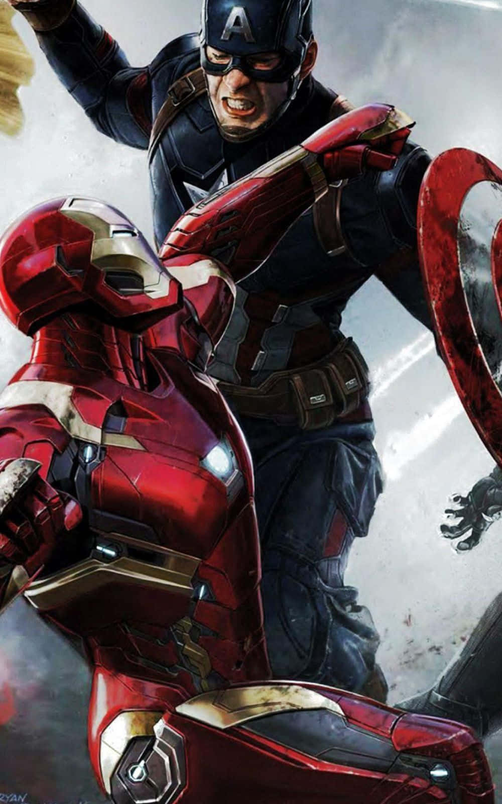 Iron Man Vs Captain America 桌布 壁紙 — 美國隊長與鐵甲奇俠在煙霧彌漫的戰場上，以盾牌和衝擊波進行了一場動感十足的超級英雄對決。