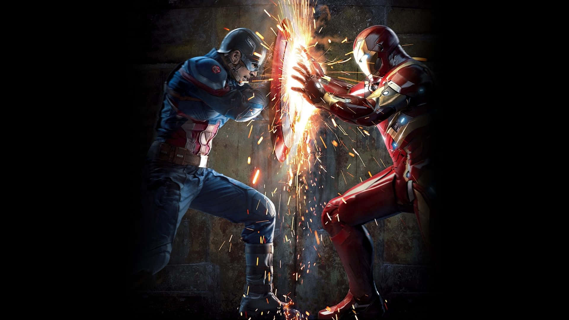 Best Captain America 桌布 壁紙 — 美國隊長與鐵甲奇俠在黑暗石牆前火花四濺的激烈戰鬥中交鋒。