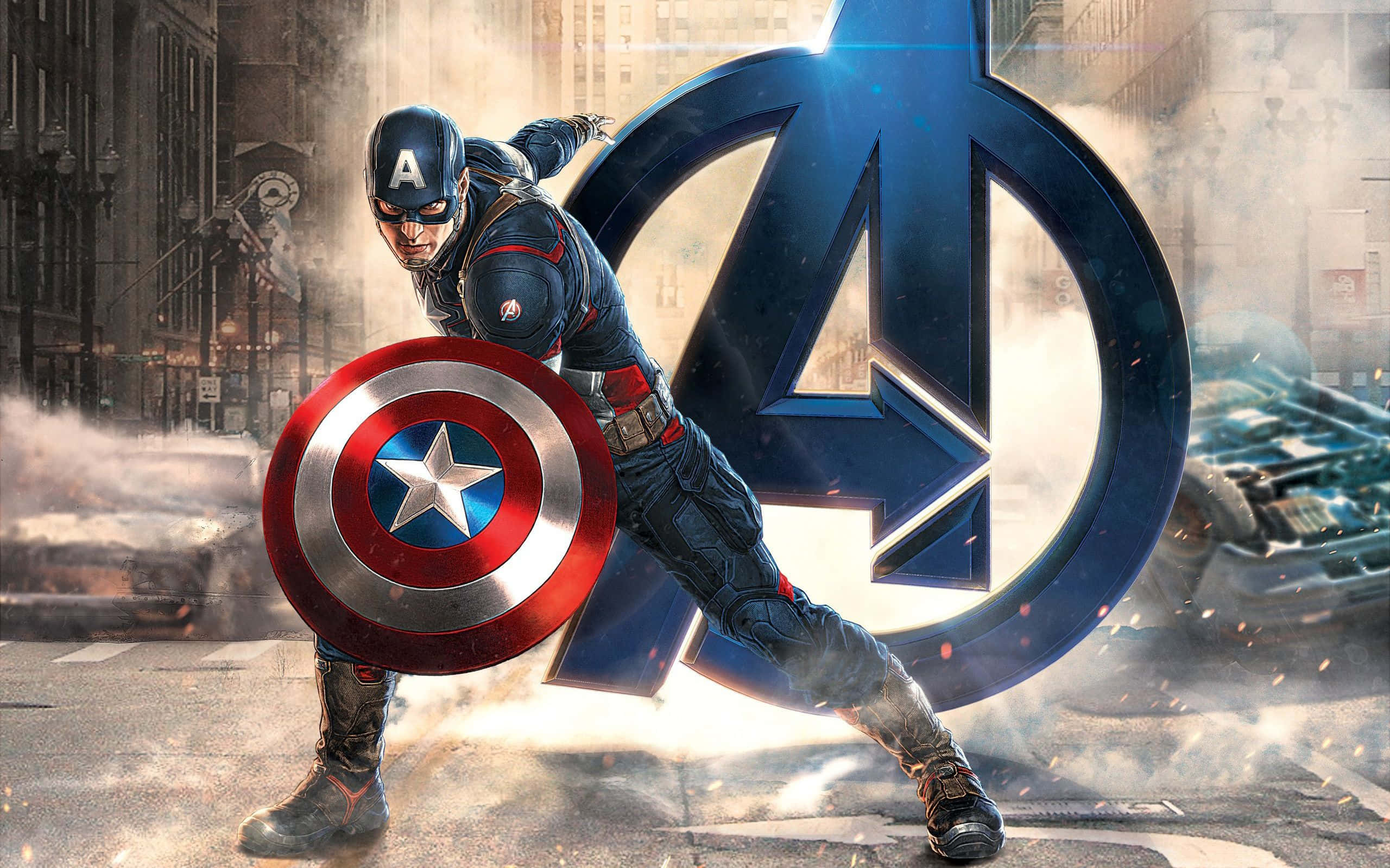 Best Captain America 桌布 壁紙 — 美國隊長英雄地站在城市街道上，手持他標誌性的盾牌，復仇者聯盟的標誌在他身後閃耀。