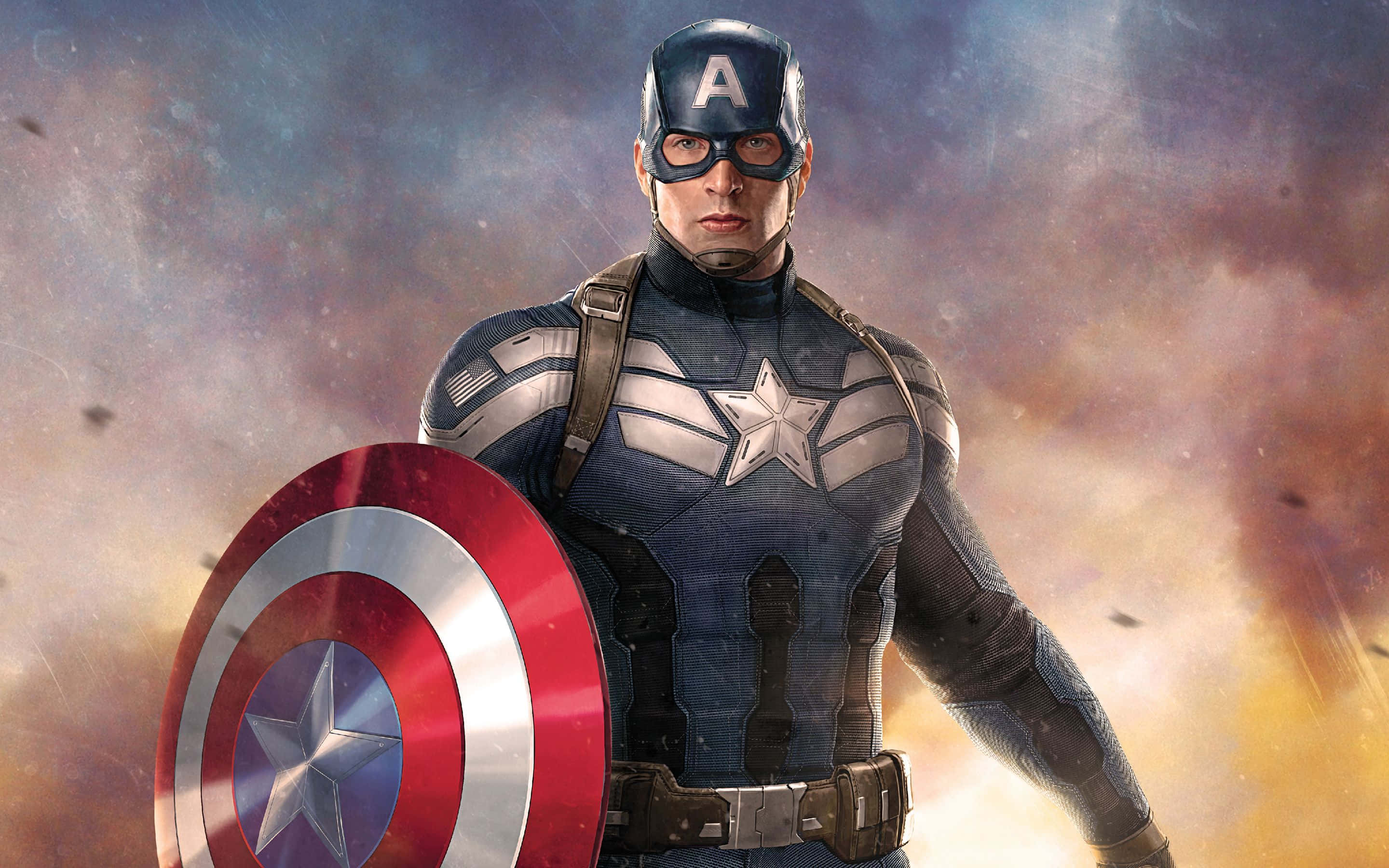 Best Captain America 桌布 壁紙 — 美國隊長英雄地站立，手持標誌性盾牌，背景是熾熱的宇宙。