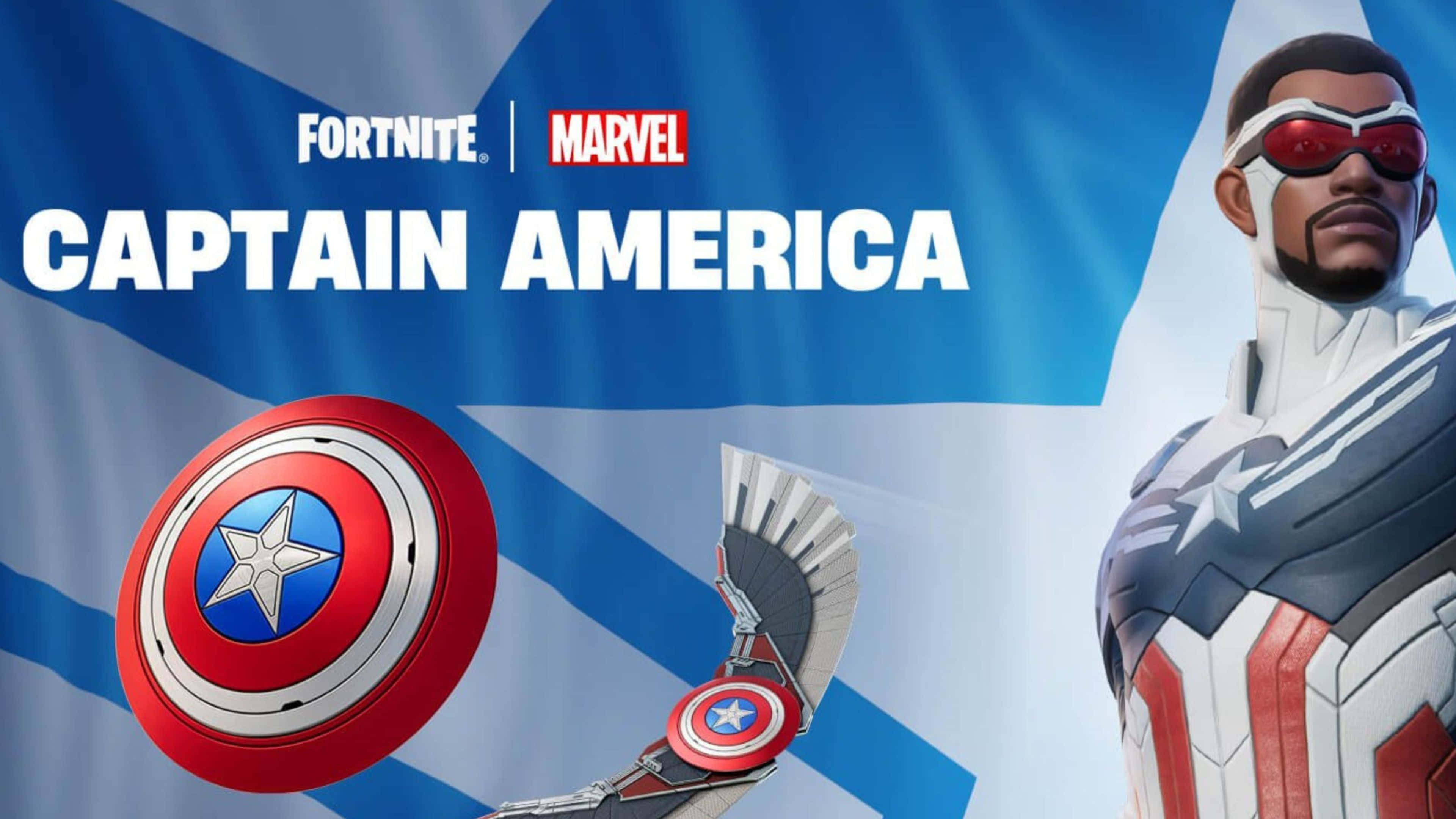 4K Captain America 桌布 壁紙 — 美國隊長英雄般地站在他標誌性的盾牌和帶翼護手旁邊，背景為藍白條紋。