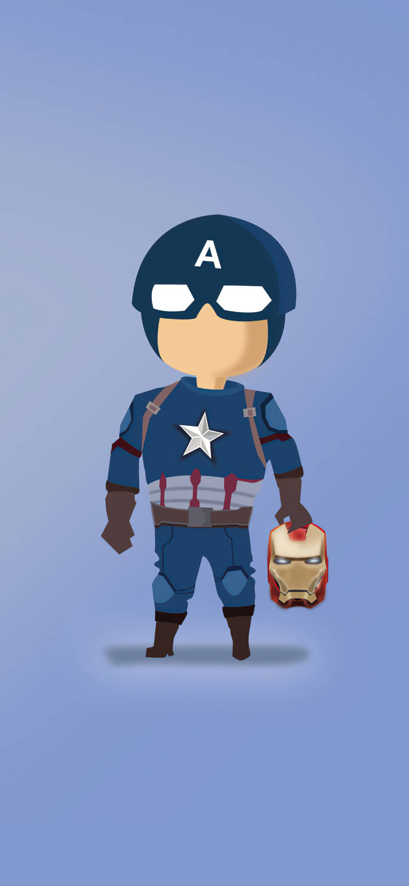 Chibi Captain America 手持 Iron Man 頭盔，藍色背景