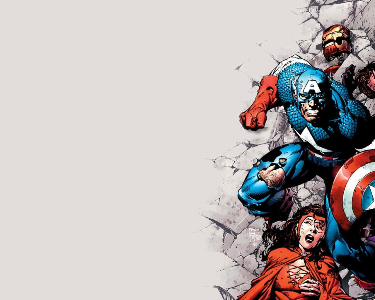Earth's Mightiest Heroes 桌布 壁紙 — 美國隊長衝破一面正在崩塌的牆壁，展現動感漫畫動作，下方有一位身穿紅衣的女子。