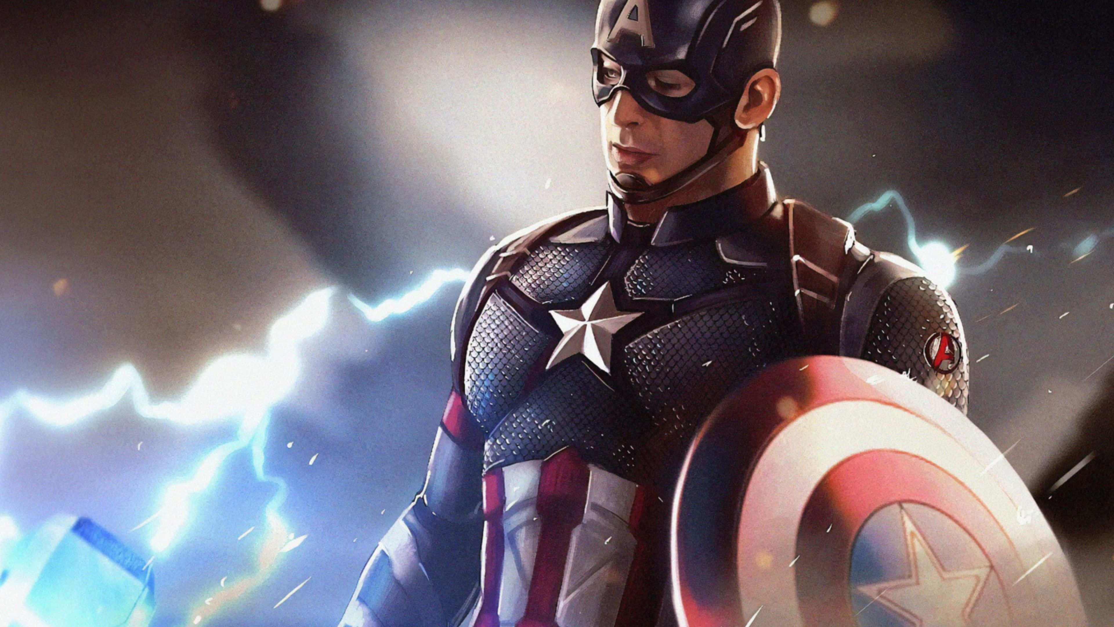 4K Captain America 桌布 壁紙 — 美國隊長身穿標誌性的星條旗戰衣，手持盾牌，身後閃電交加，屹立不倒。