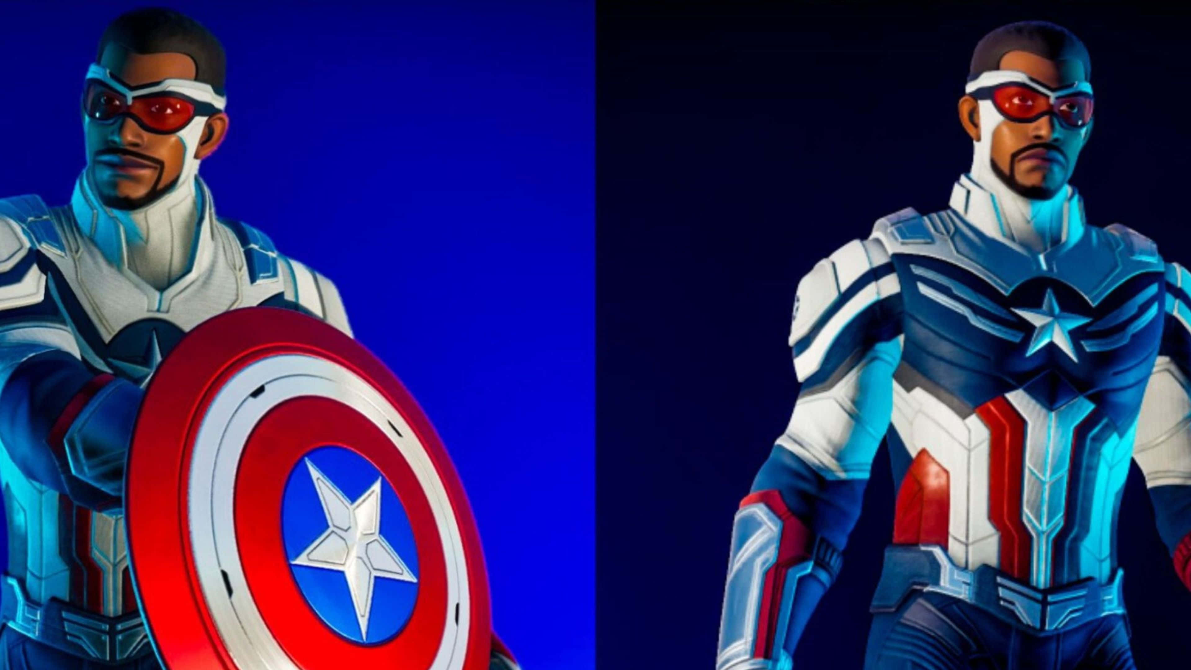 4K Captain America 桌布 壁紙 — 美國隊長身穿藍白紅戰衣，手持盾牌，背景為深藍色。