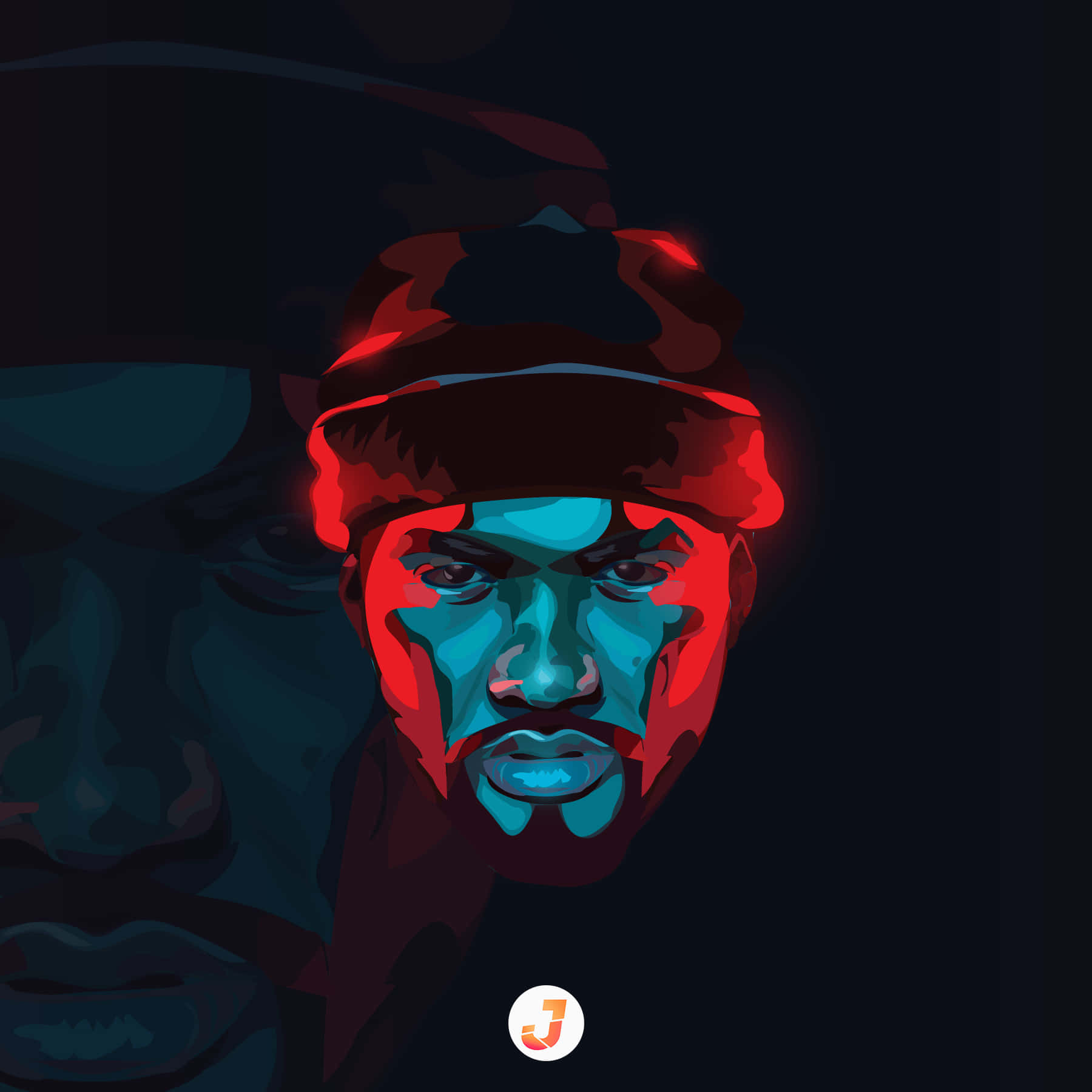 美國饒舌歌手 Joyner Lucas 演唱 壁紙 — 一個風格化的數碼肖像，一個戴著紅色冷帽的男人，在黑暗背景上有發光的藍色和紅色面部高光。