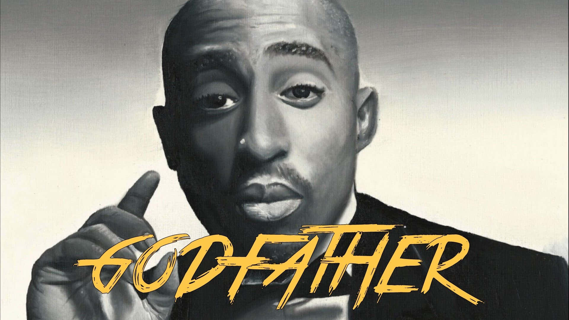 Tupac Shakur 向上指，帶有黃色 'GODFATHER' 文字。