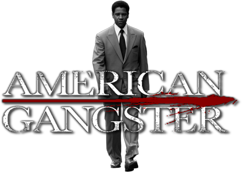美國黑幫電影圖形 壁紙 — 一名穿西裝的男子站在粗體文字「AMERICAN GANGSTER」後面，標題上有一條紅色斜線。