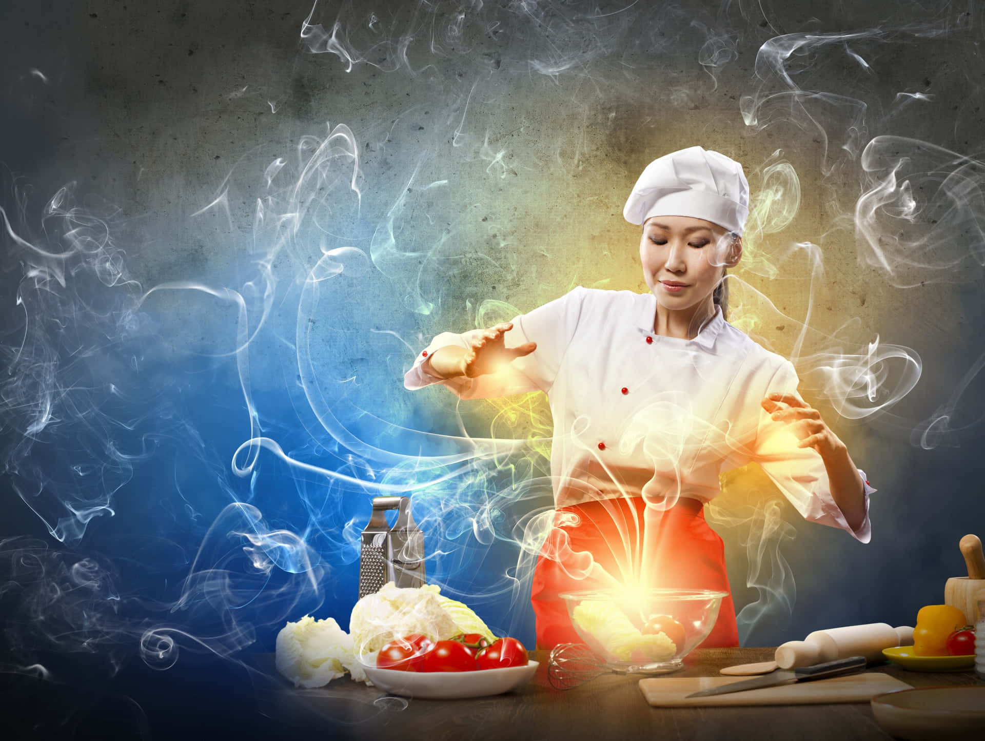廚師在廚房裡對著一碗食物施展魔法能量。