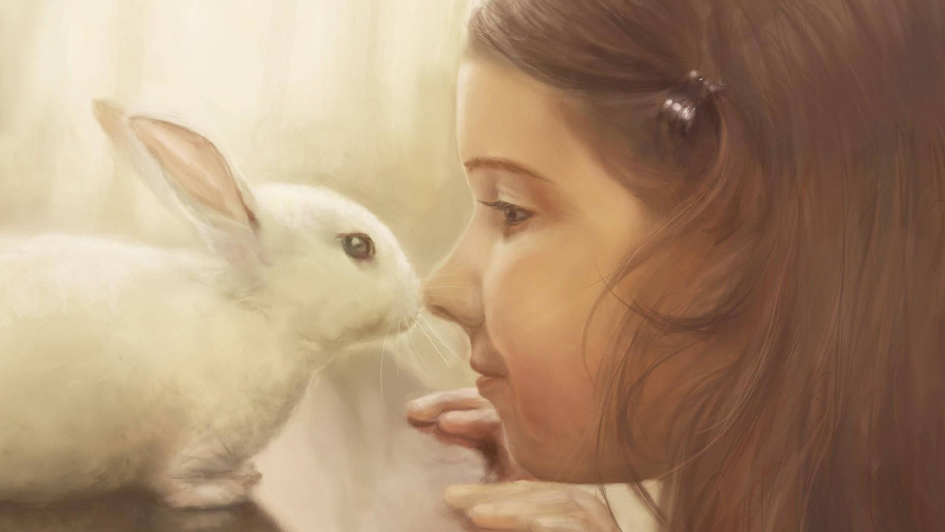 美女與白兔 壁紙 — 一個年輕女孩和一隻白兔在柔和溫暖的光線中輕輕碰鼻的溫柔時刻。