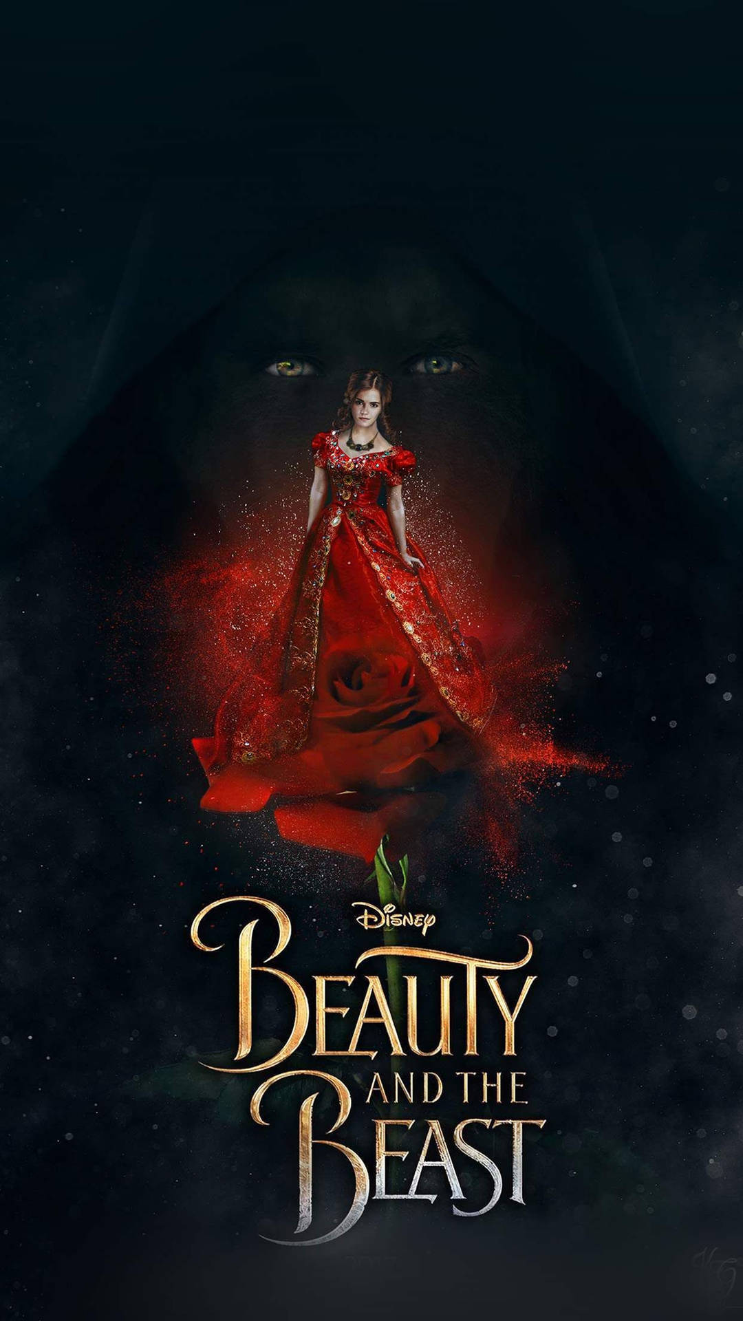 一位身穿紅色長裙的女子站在一隻擁有發光眼睛的陰影野獸面前。