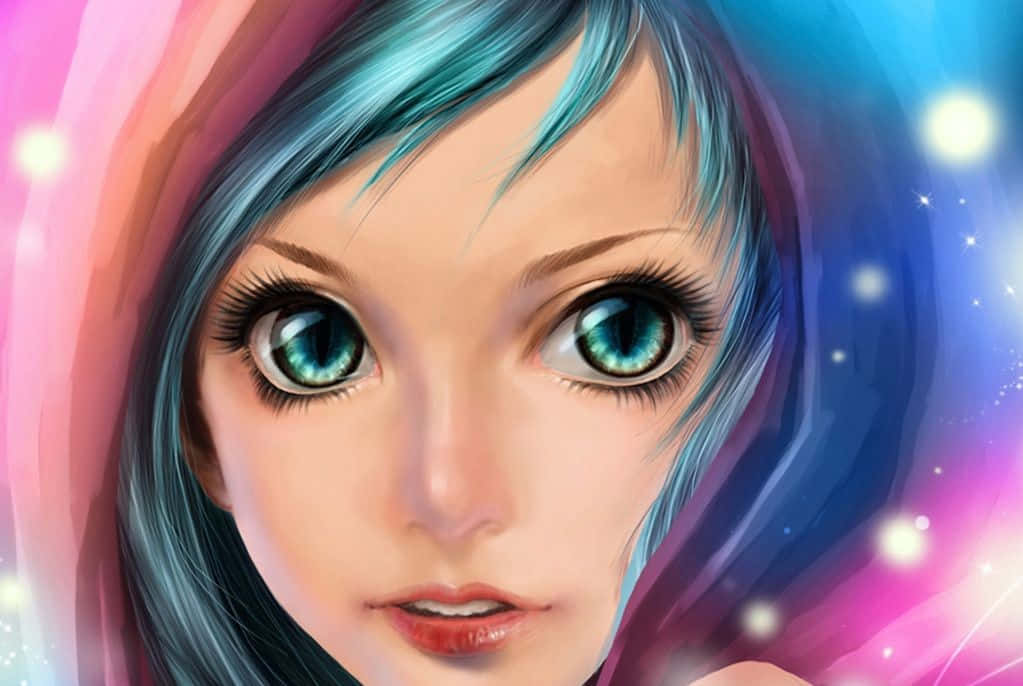 美女近照 壁紙 — 一個年輕動漫女孩的特寫，擁有引人注目的藍色眼睛和青色頭髮，背景是發光的粉紅色和藍色宇宙背景。
