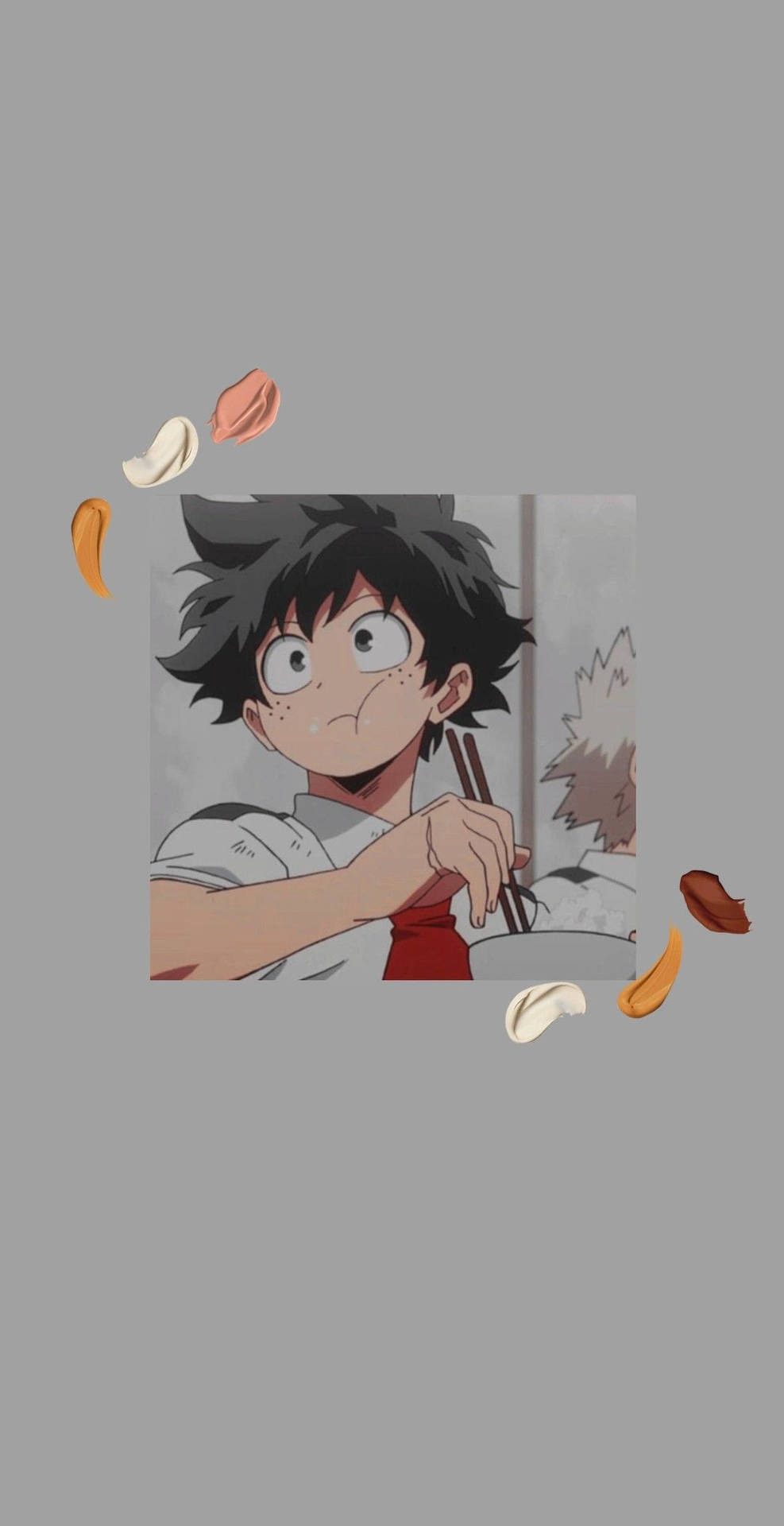 美學 Deku 壁紙 — 動漫男孩，黑色亂髮，大眼睛，拿著筷子靠近一個碗，周圍漂浮著食物。