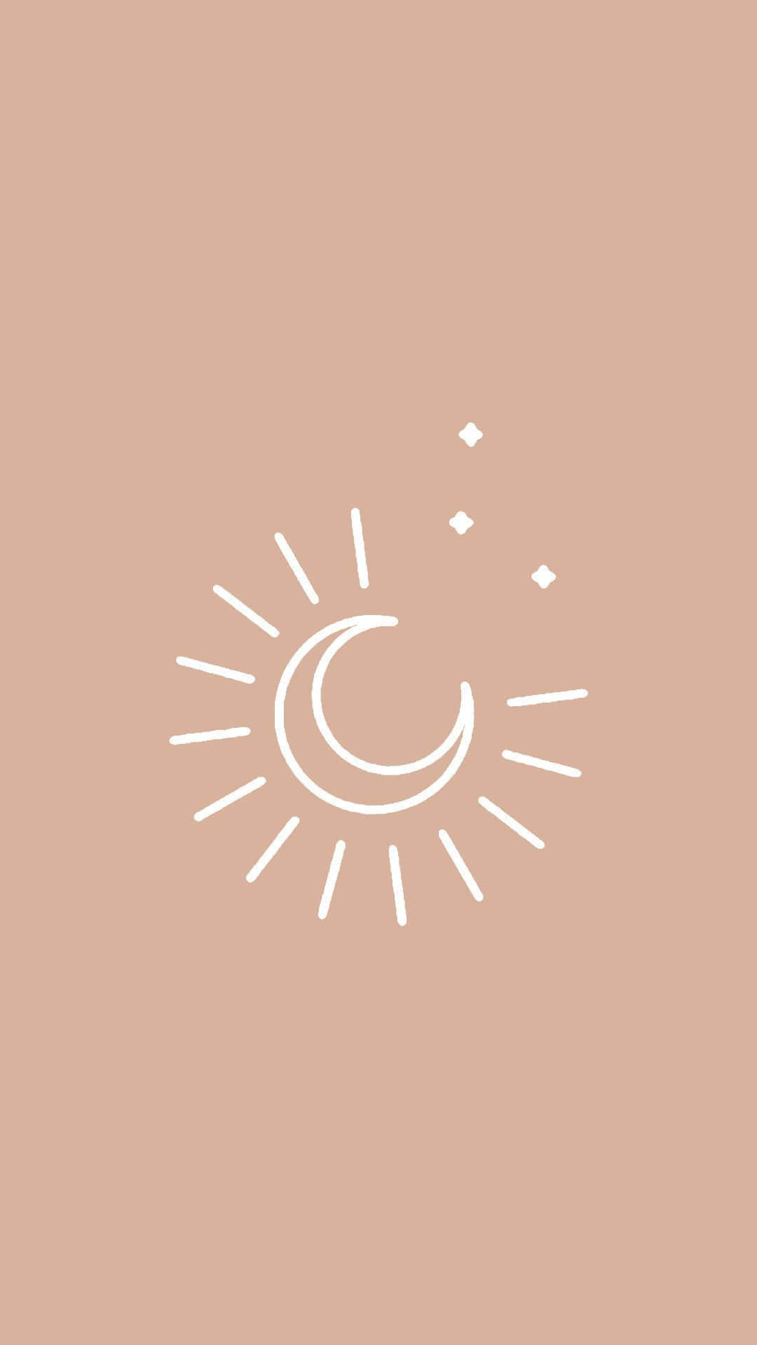美學 Instagram 新月 壁紙 — 在柔和蜜桃色背景上，以簡約白色線條繪製的彎月、太陽光線和星星。