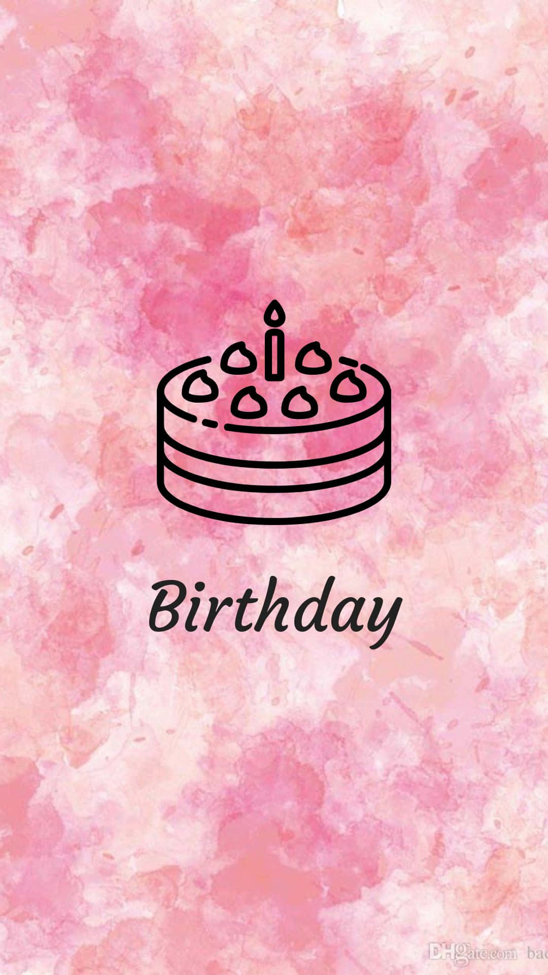 美學 Instagram 生日蛋糕 壁紙 — 柔和粉紅色水彩背景上，一個帶有一根蠟燭和六個裝飾的生日蛋糕的極簡黑色線條畫。