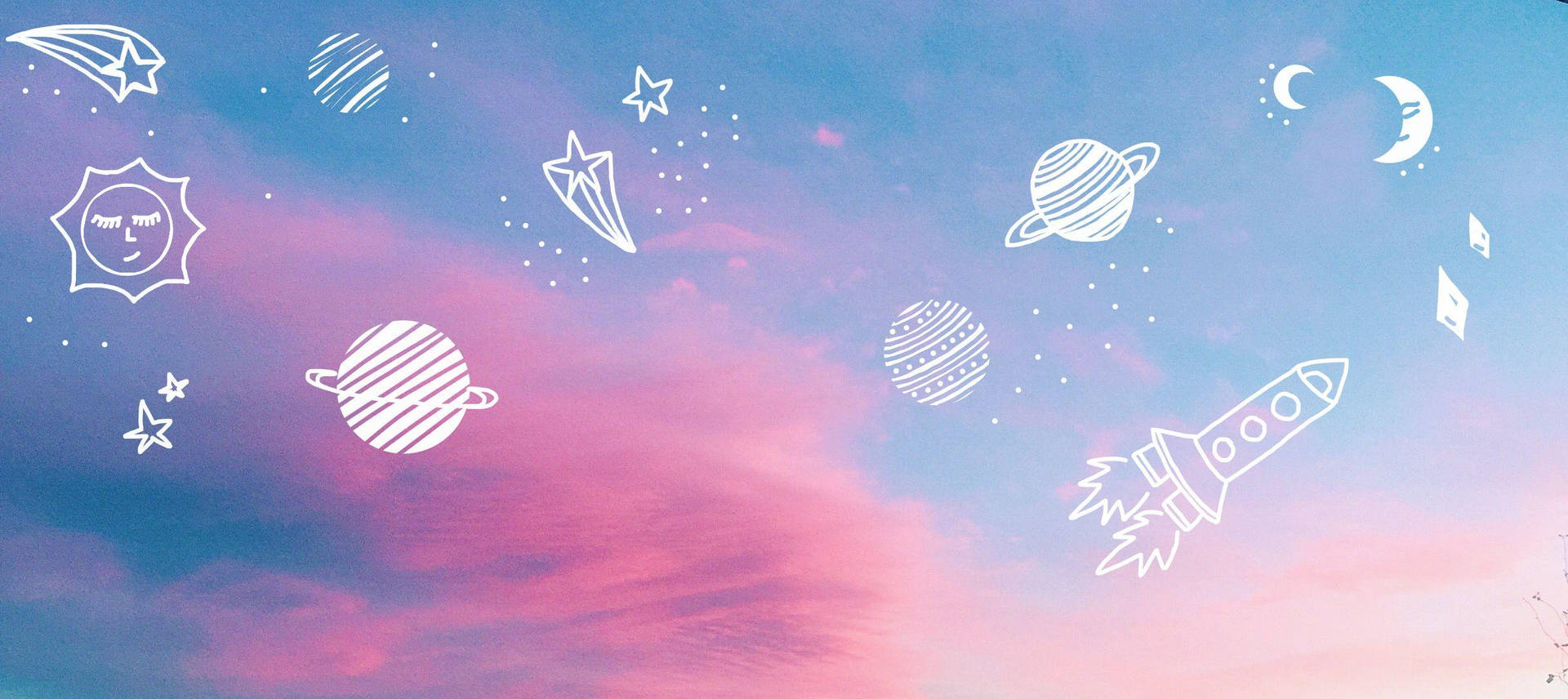粉彩天空，有白色線條藝術嘅太空物體，例如行星同火箭。 — 美學 MacBook 壁紙 壁紙