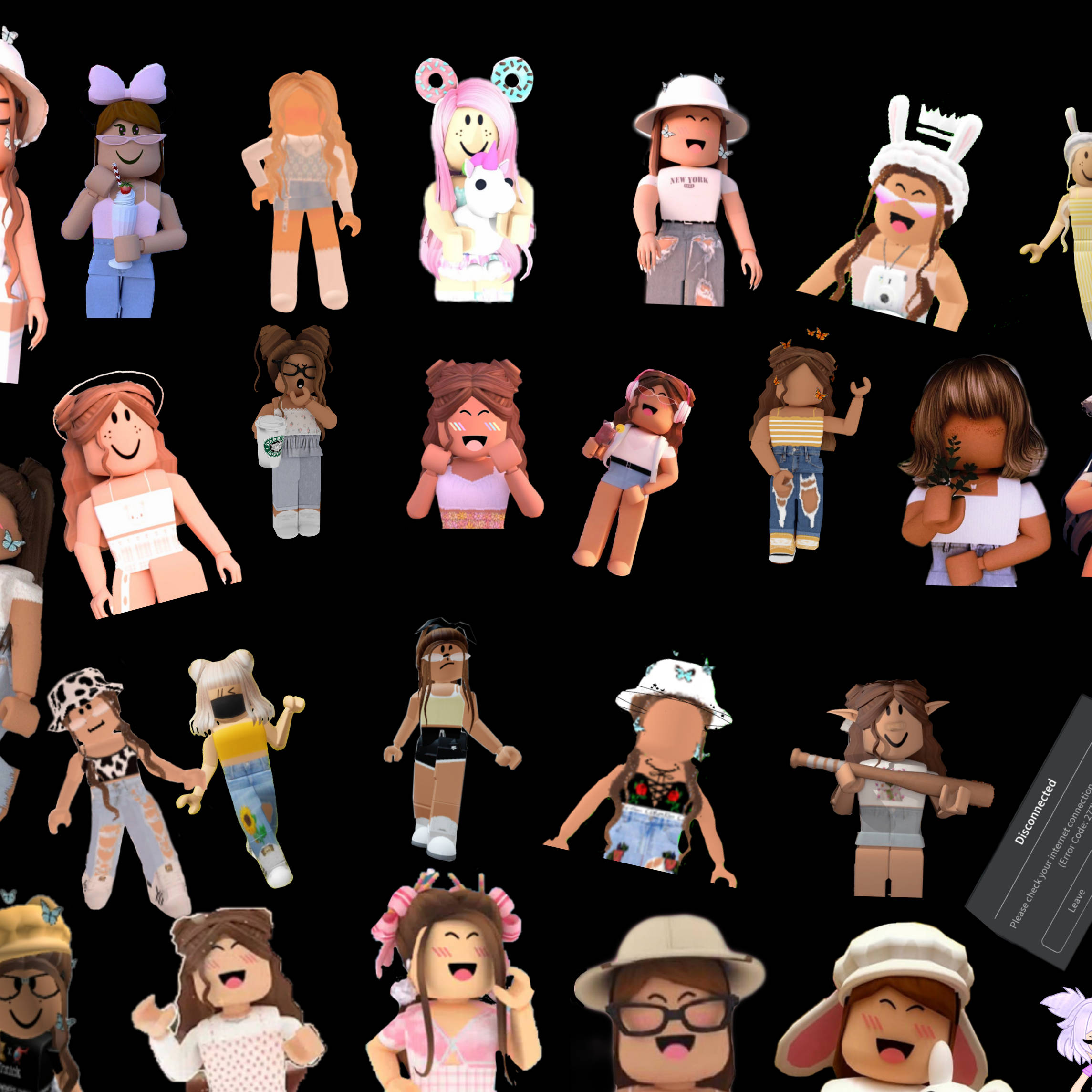 美學 Roblox 女孩多款穿搭拼貼 壁紙 — 一個由色彩繽紛的Roblox頭像組成的網格，穿著不同的服裝和表情，背景為黑色。