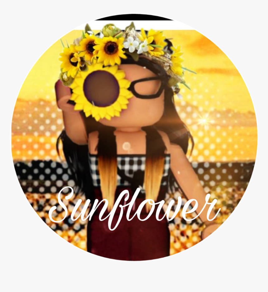 美學 Roblox 女孩戴向日葵花冠 壁紙 — 一個戴著向日葵皇冠和眼鏡的 Roblox 角色，在金色日落背景下將向日葵舉在臉前。