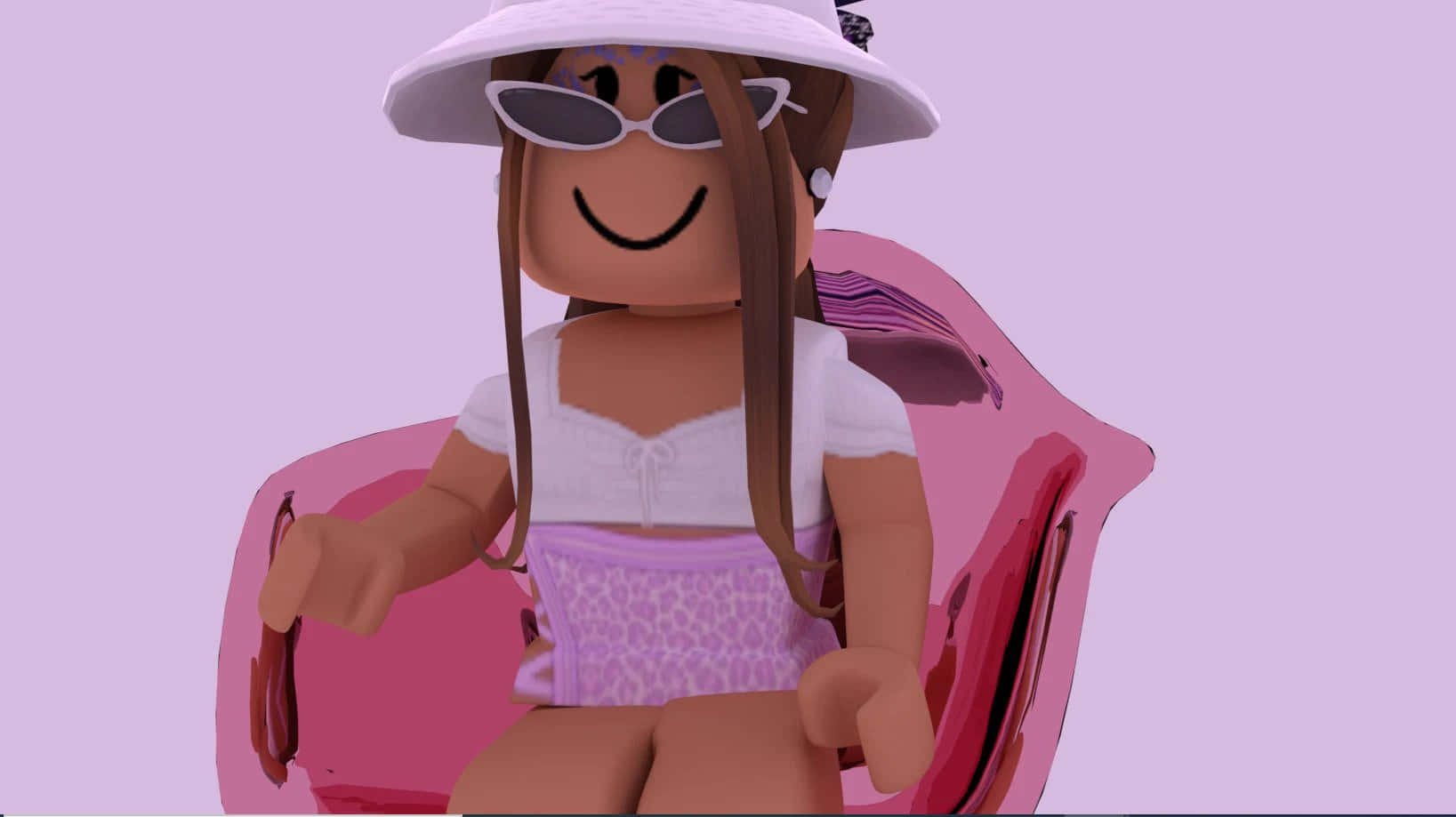 Roblox角色喺粉紅色椅上戴住太陽眼鏡同帽